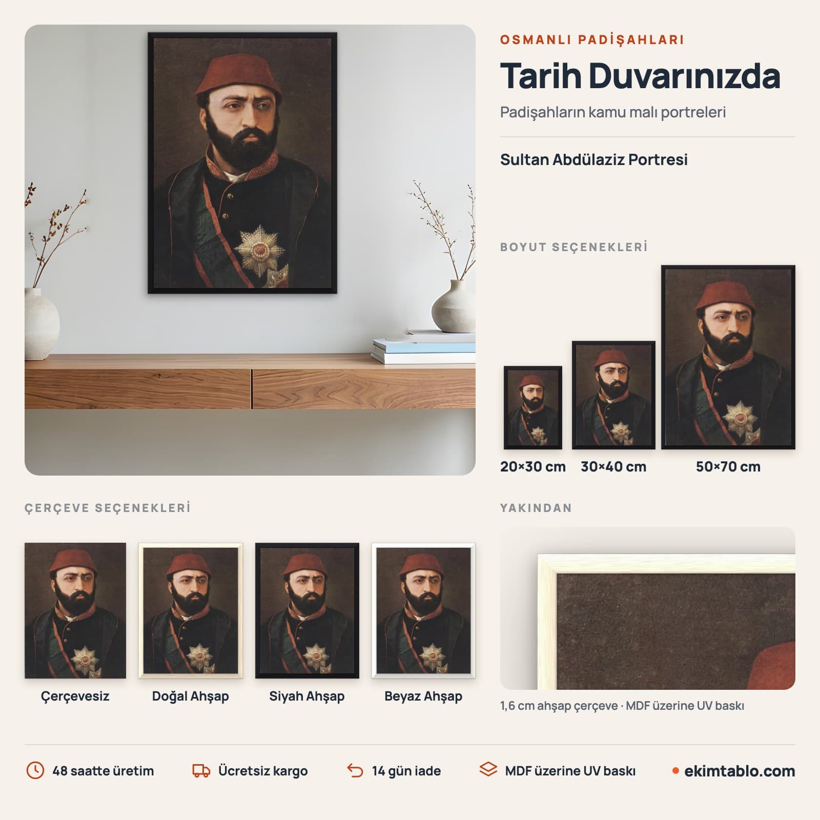 Sultan Abdülaziz Portresi — boyut ve çerçeve seçenekleri