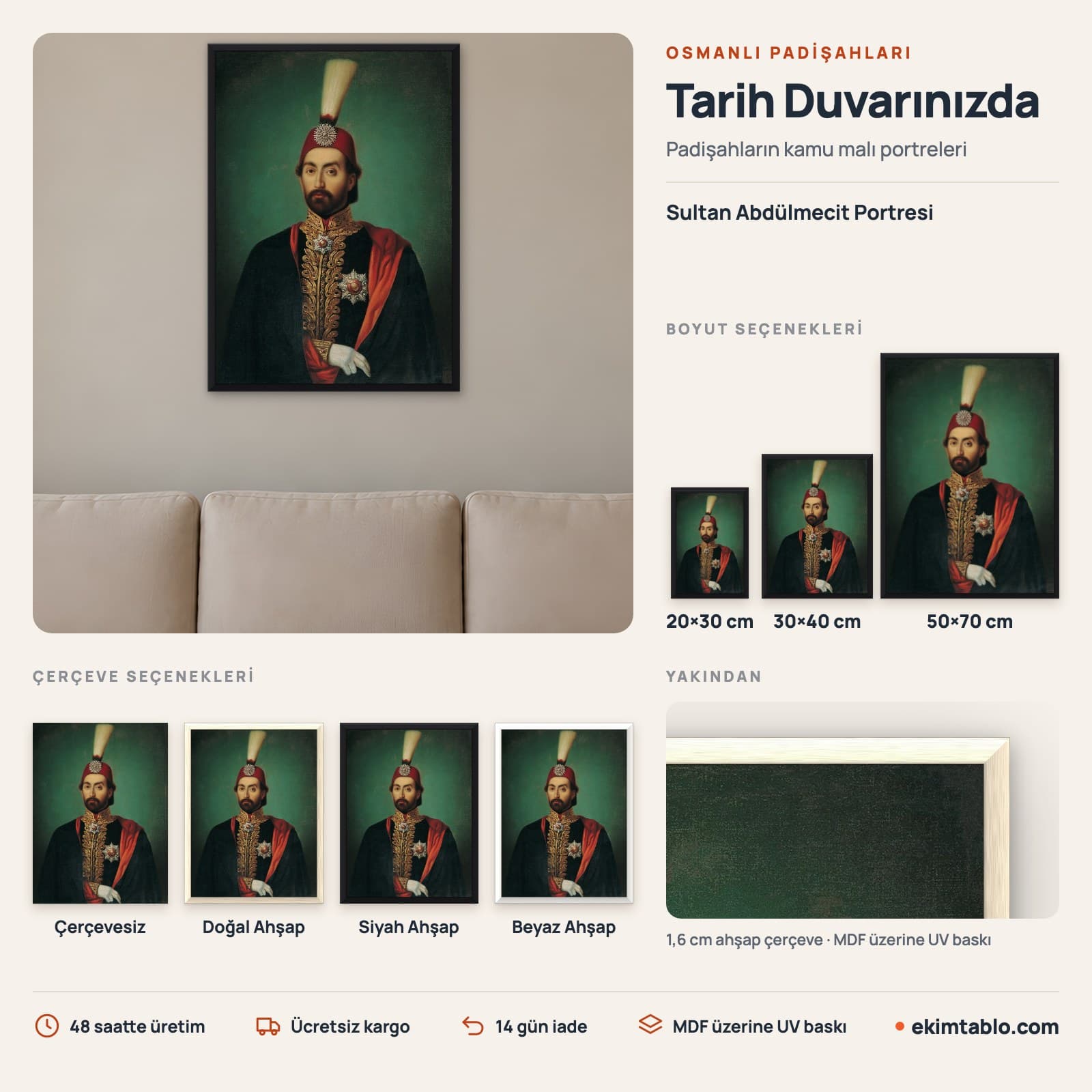 Sultan Abdülmecit Portresi — boyut ve çerçeve seçenekleri