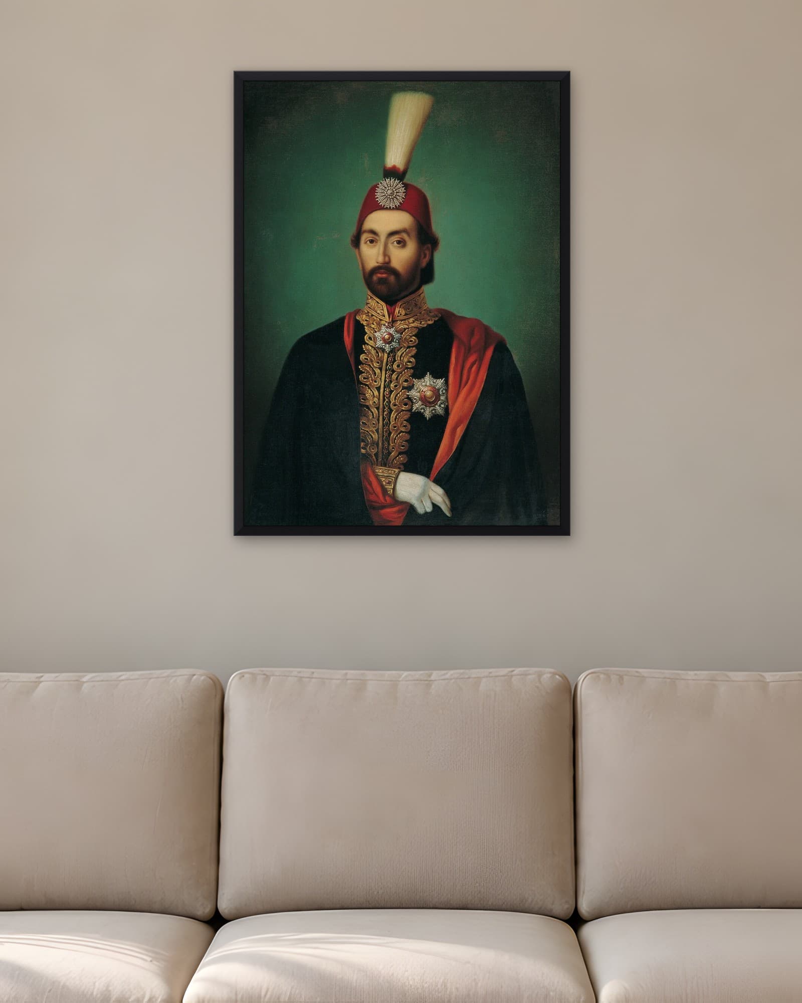 Sultan Abdülmecit Portresi — Osmanlı Padişahı Tablosu, duvarda oda görünümü