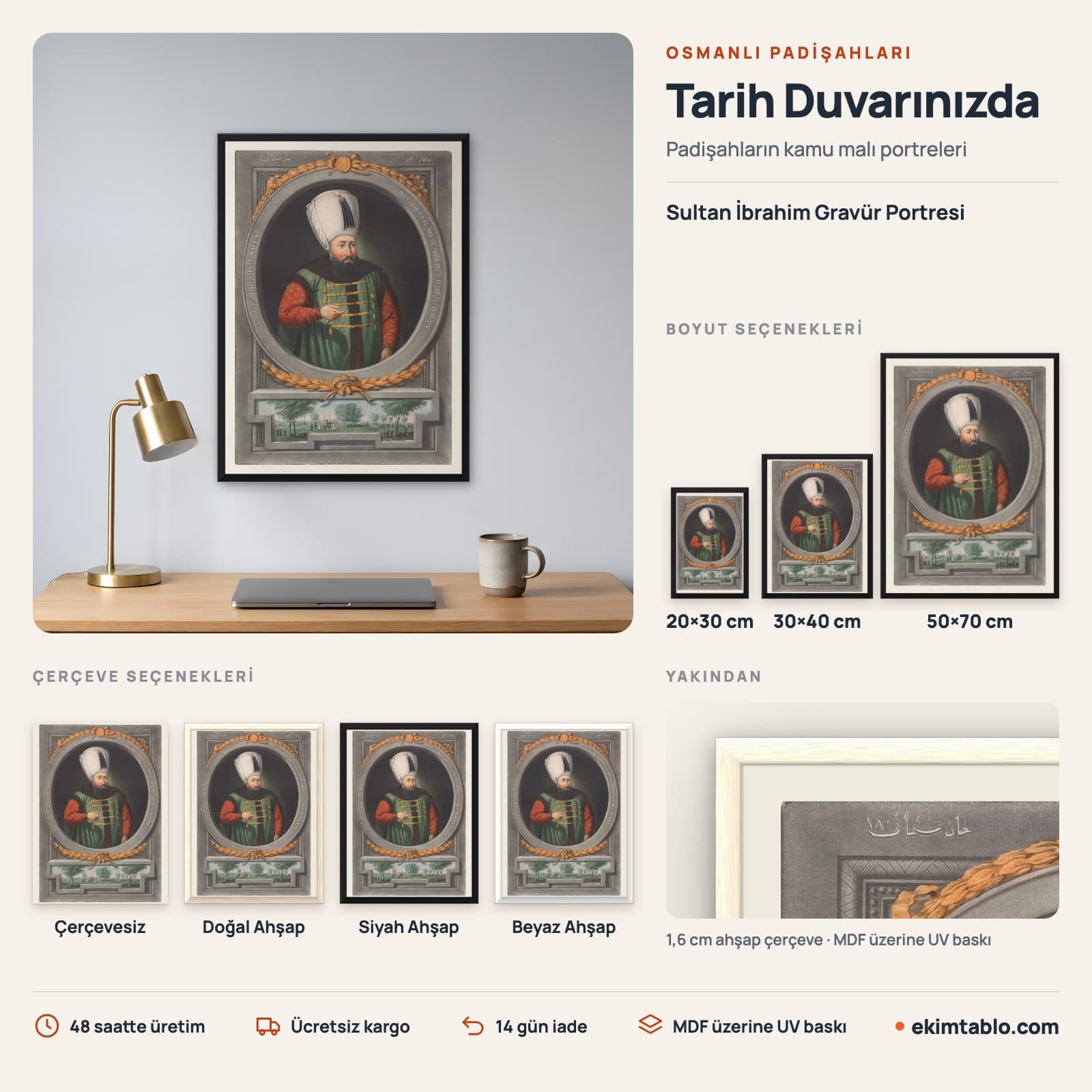 Sultan İbrahim Gravür Portresi — boyut ve çerçeve seçenekleri