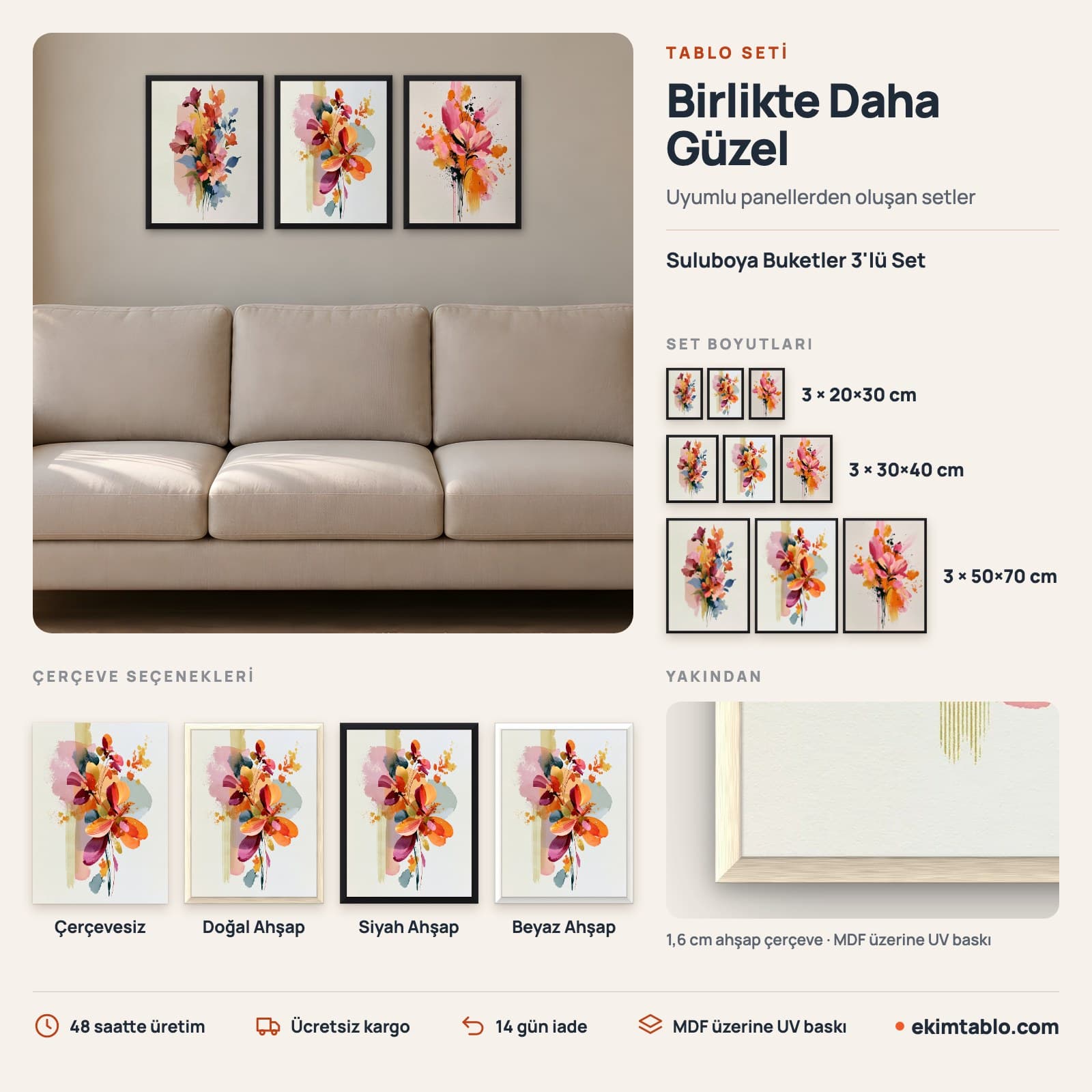 Suluboya Buketler 3'lü Set — boyut ve çerçeve seçenekleri