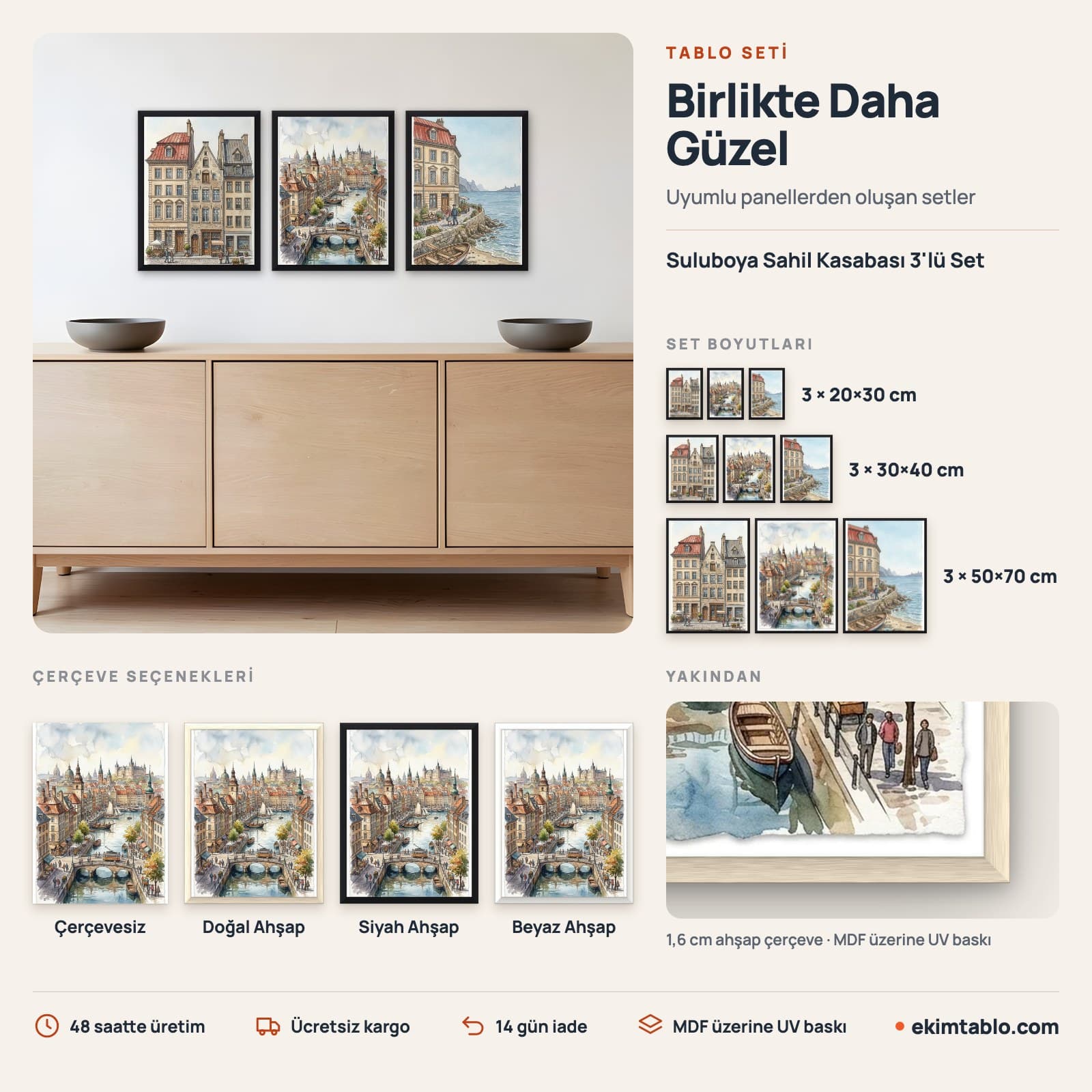 Suluboya Sahil Kasabası 3'lü Set — boyut ve çerçeve seçenekleri