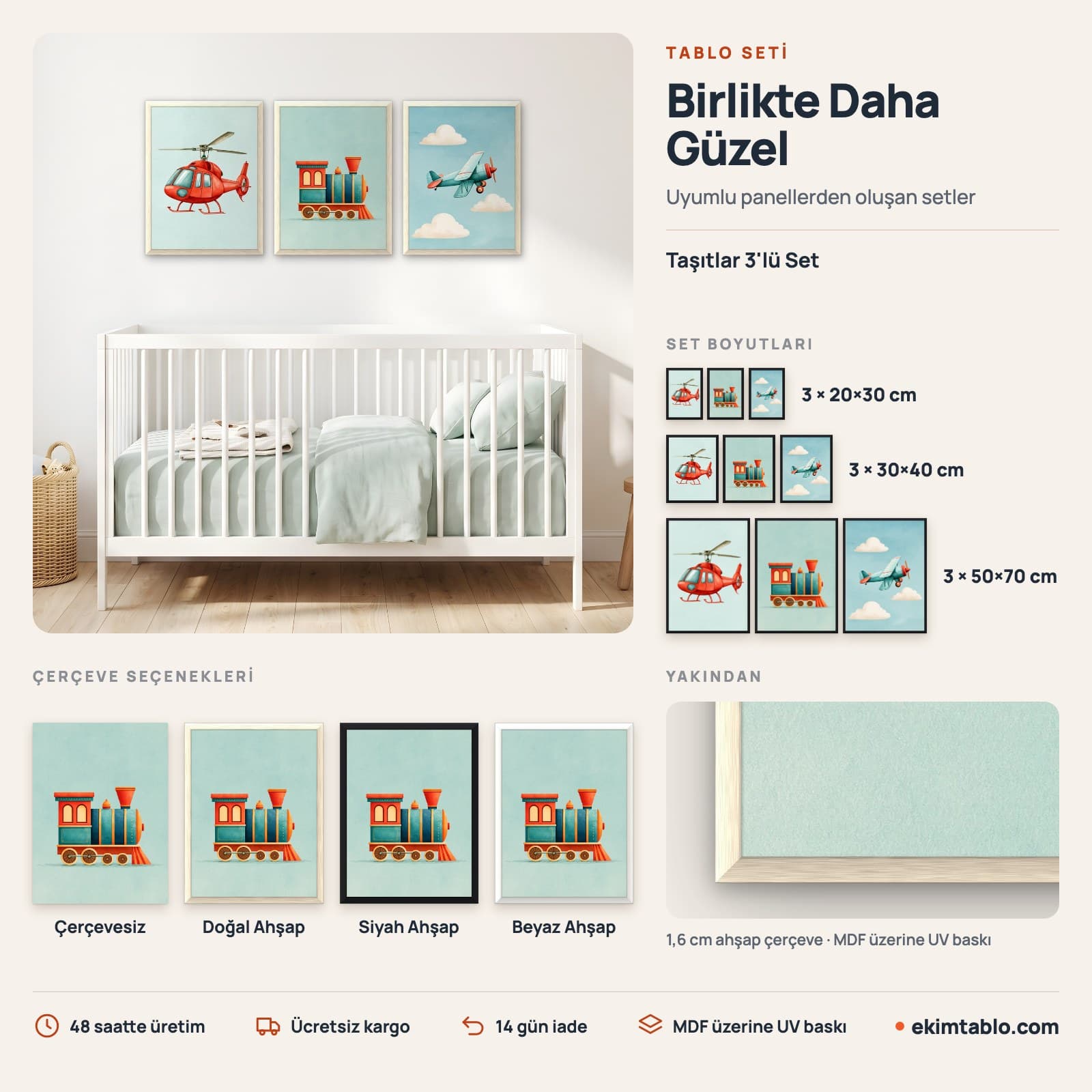Taşıtlar 3'lü Set — boyut ve çerçeve seçenekleri