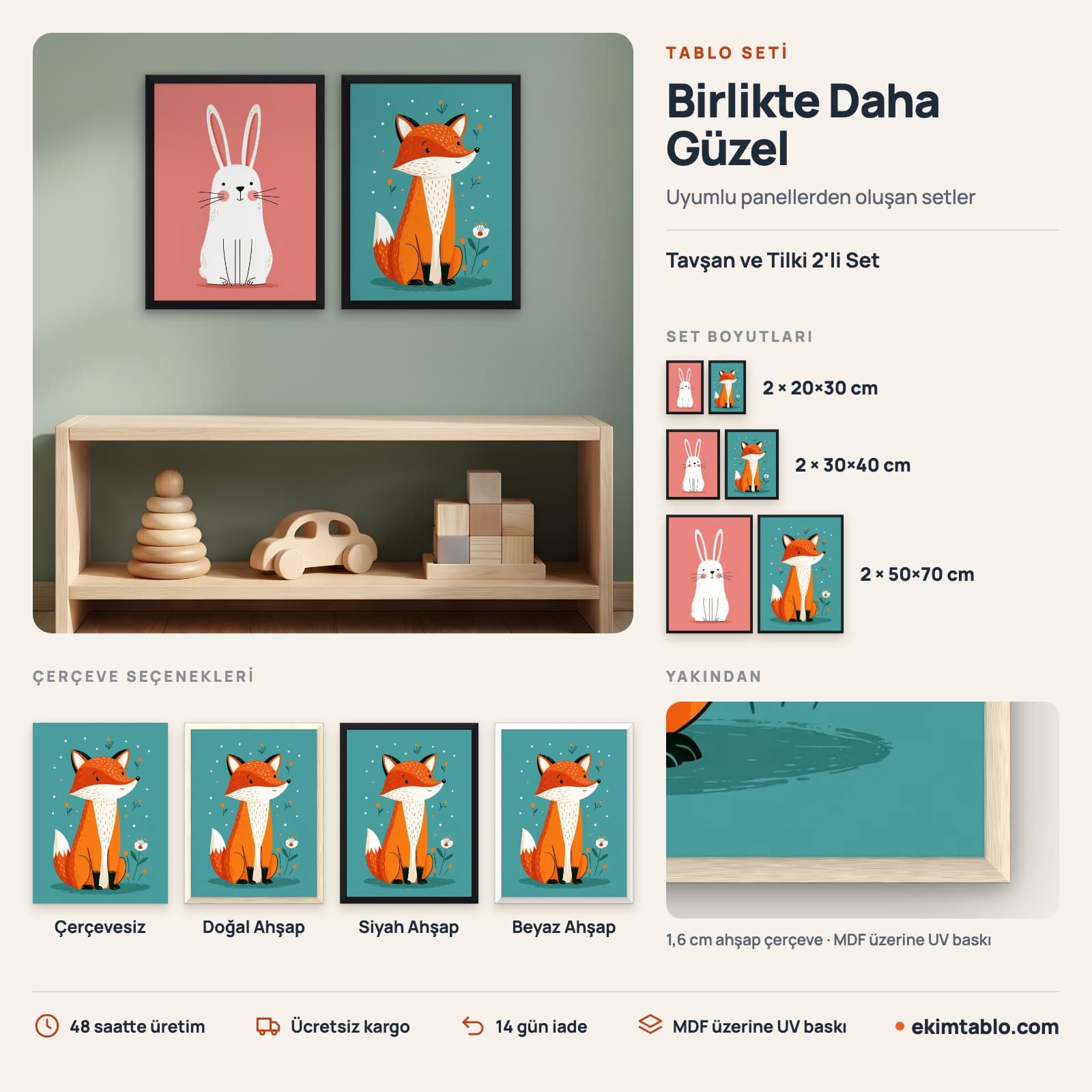 Tavşan ve Tilki 2'li Set — boyut ve çerçeve seçenekleri