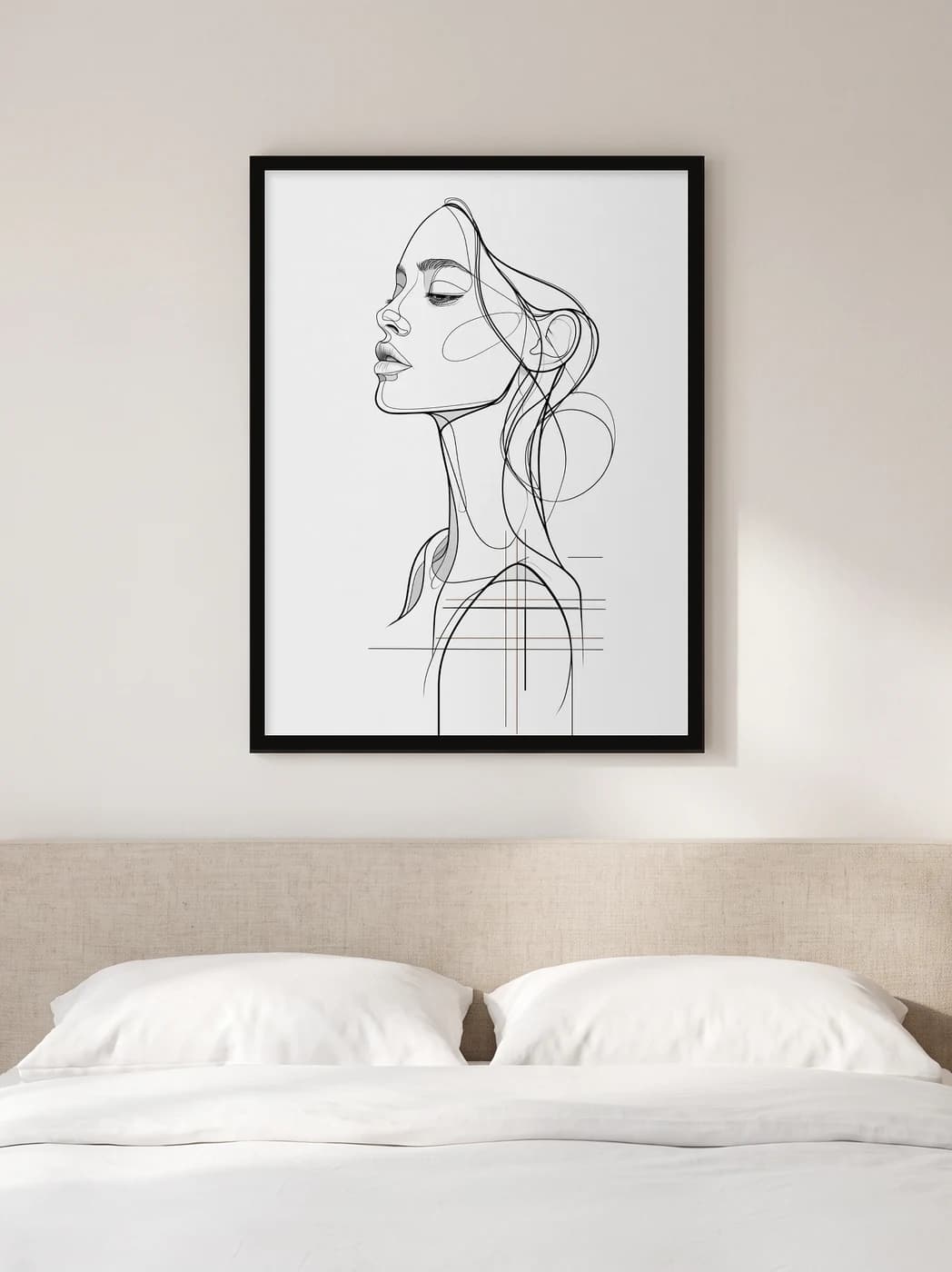 Tek Çizgi Kadın Portresi — Minimalist Duvar Tablosu, duvarda oda görünümü