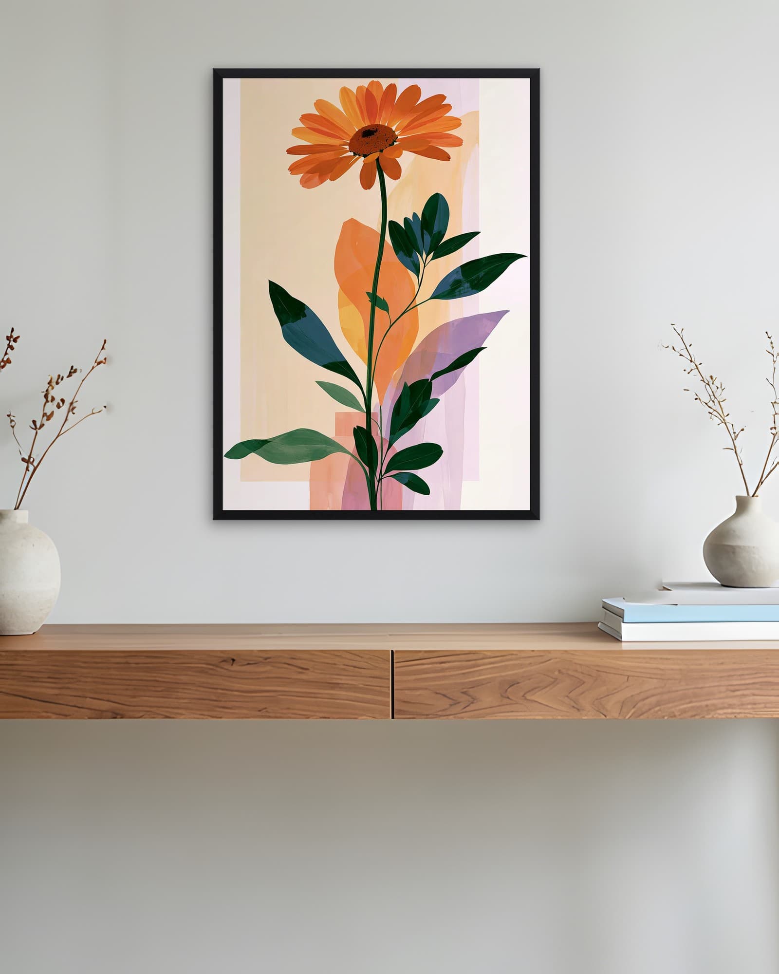 Tek Dal Turuncu Gerbera — Soyut Çiçek Duvar Tablosu, duvarda oda görünümü