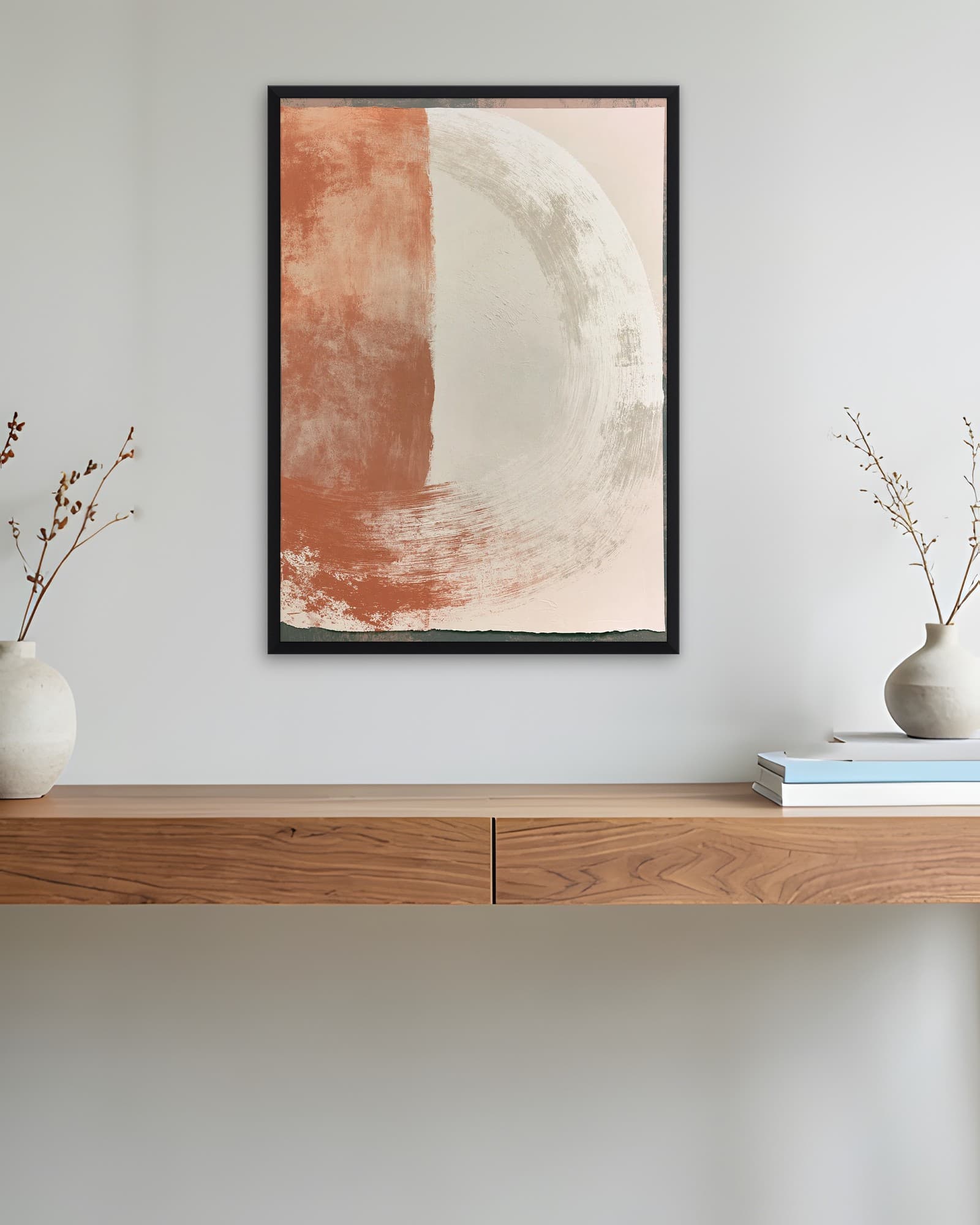 Terrakota ve Krem Fırça İzi — Minimalist Duvar Tablosu, duvarda oda görünümü