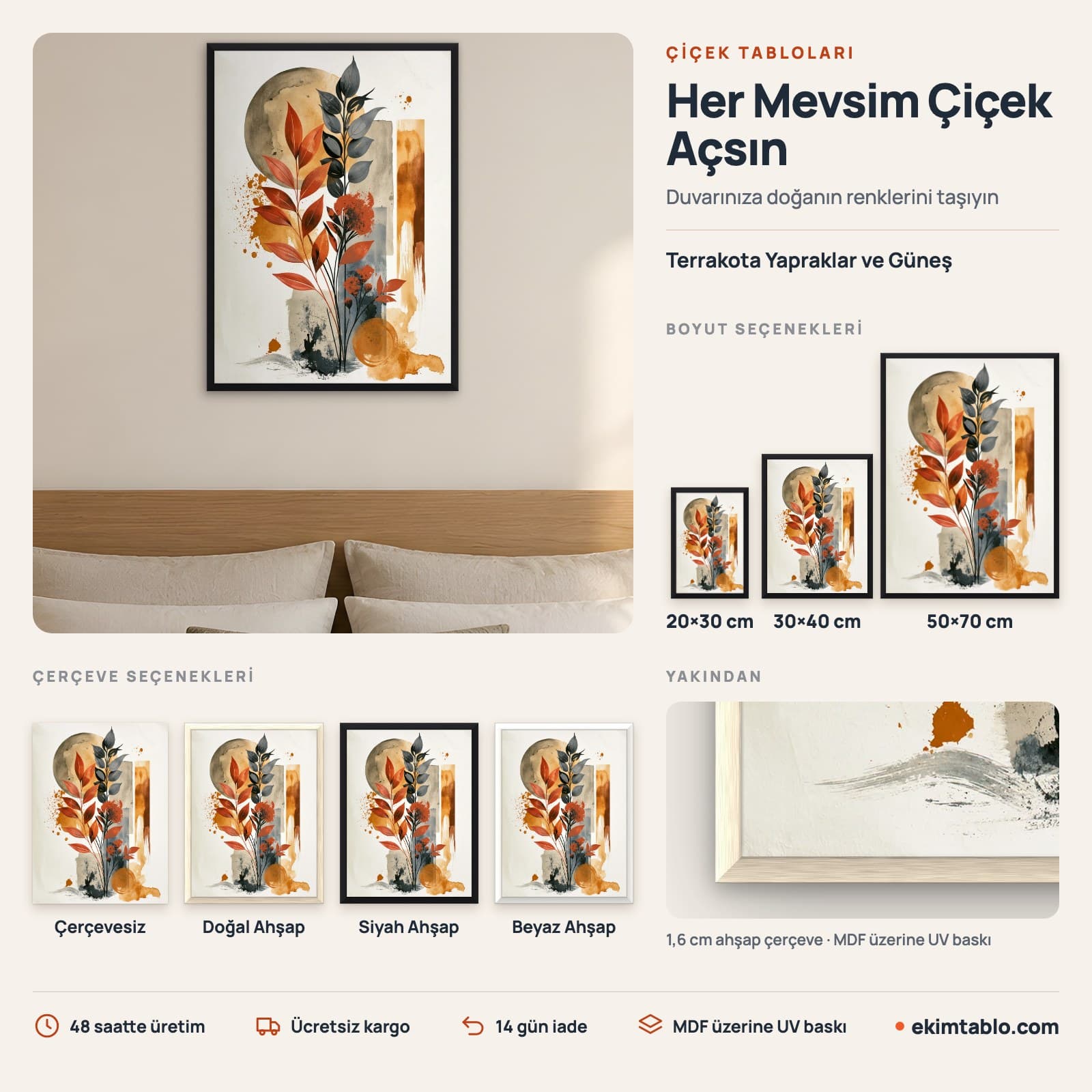 Terrakota Yapraklar ve Güneş — boyut ve çerçeve seçenekleri