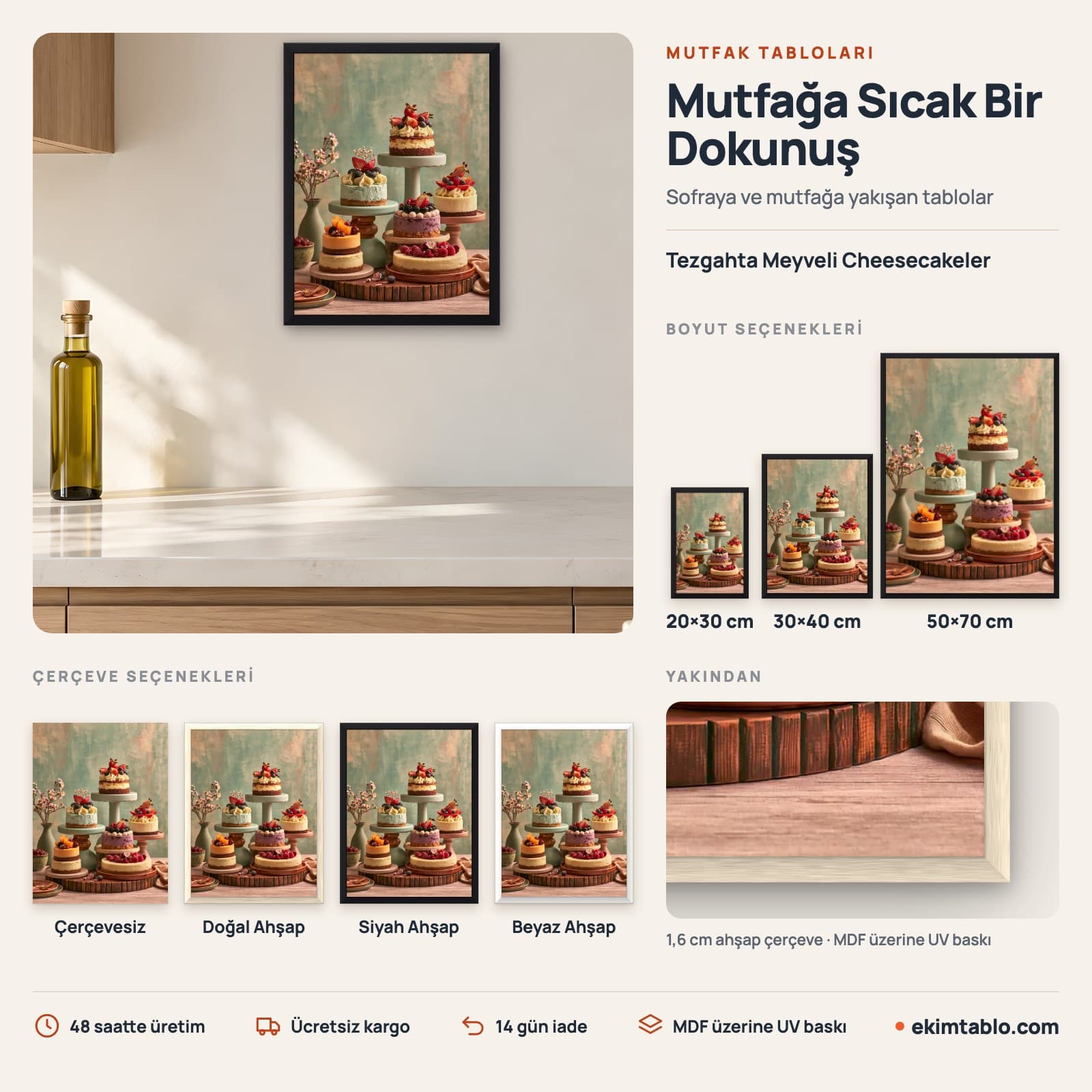 Tezgahta Meyveli Cheesecakeler — boyut ve çerçeve seçenekleri