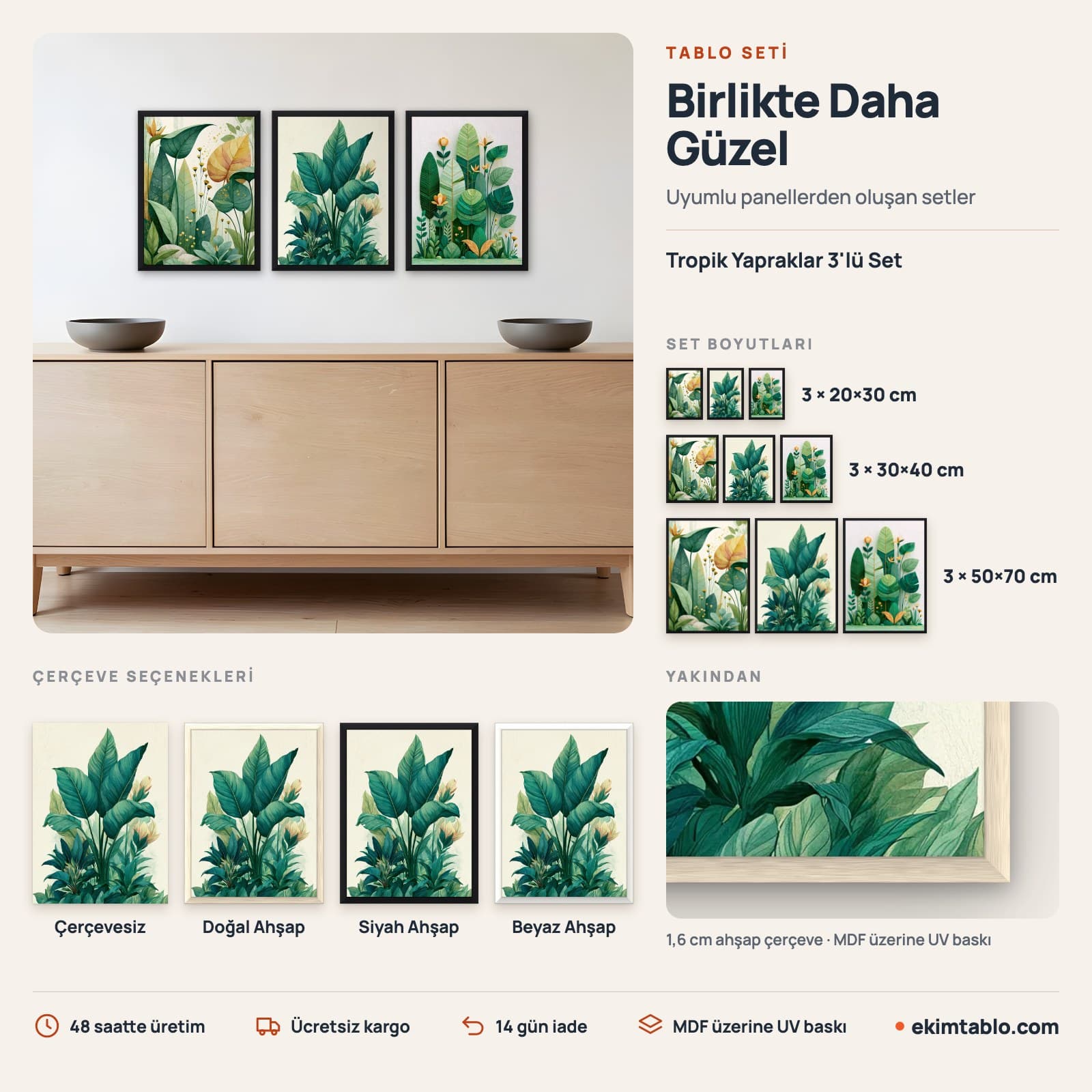 Tropik Yapraklar 3'lü Set — boyut ve çerçeve seçenekleri