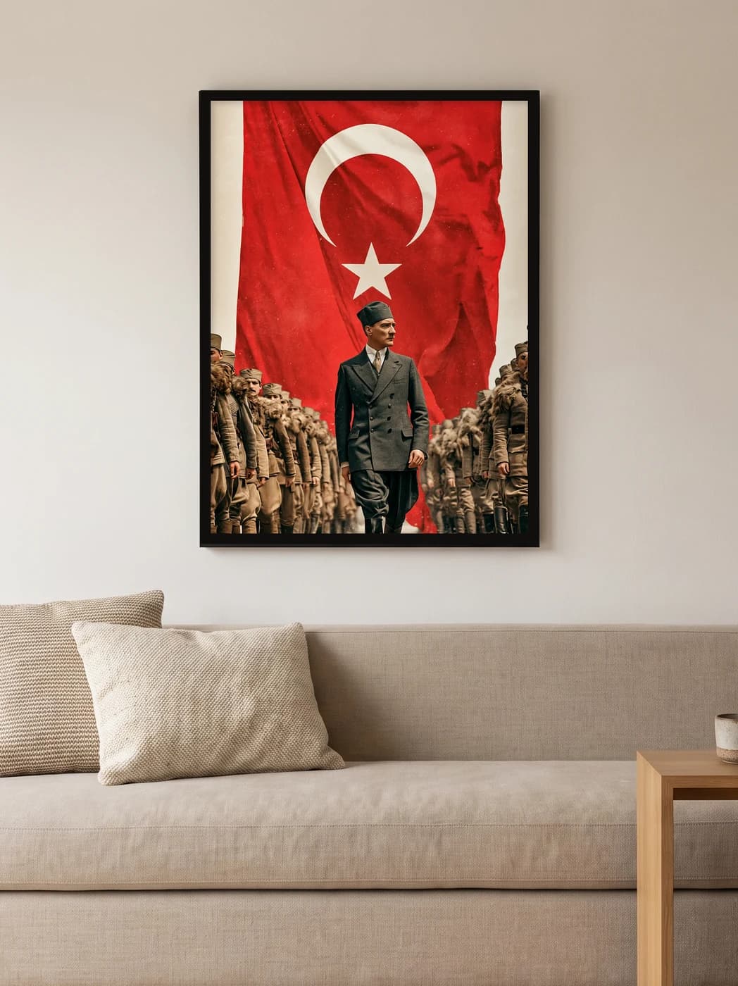 Türk Bayrağı Önünde Atatürk — Atatürk Tablosu, duvarda oda görünümü