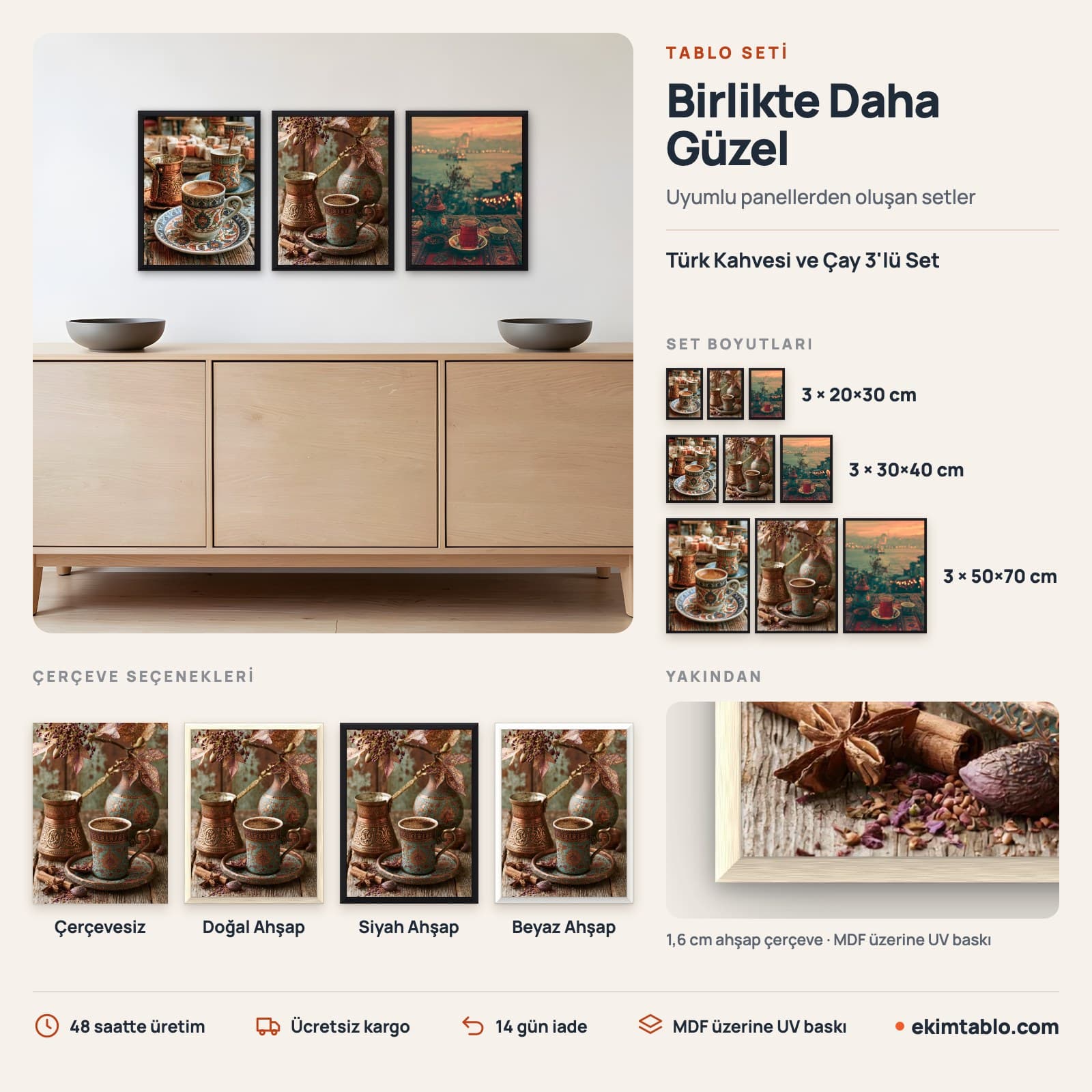 Türk Kahvesi ve Çay 3'lü Set — boyut ve çerçeve seçenekleri