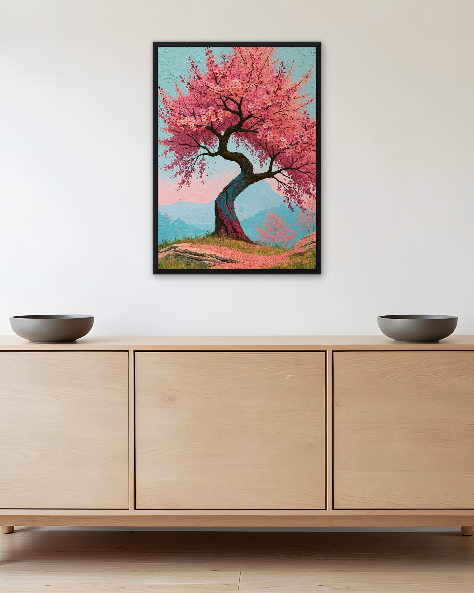 Turkuaz Gökyüzünde Sakura — Çiçek Duvar Tablosu, duvarda oda görünümü