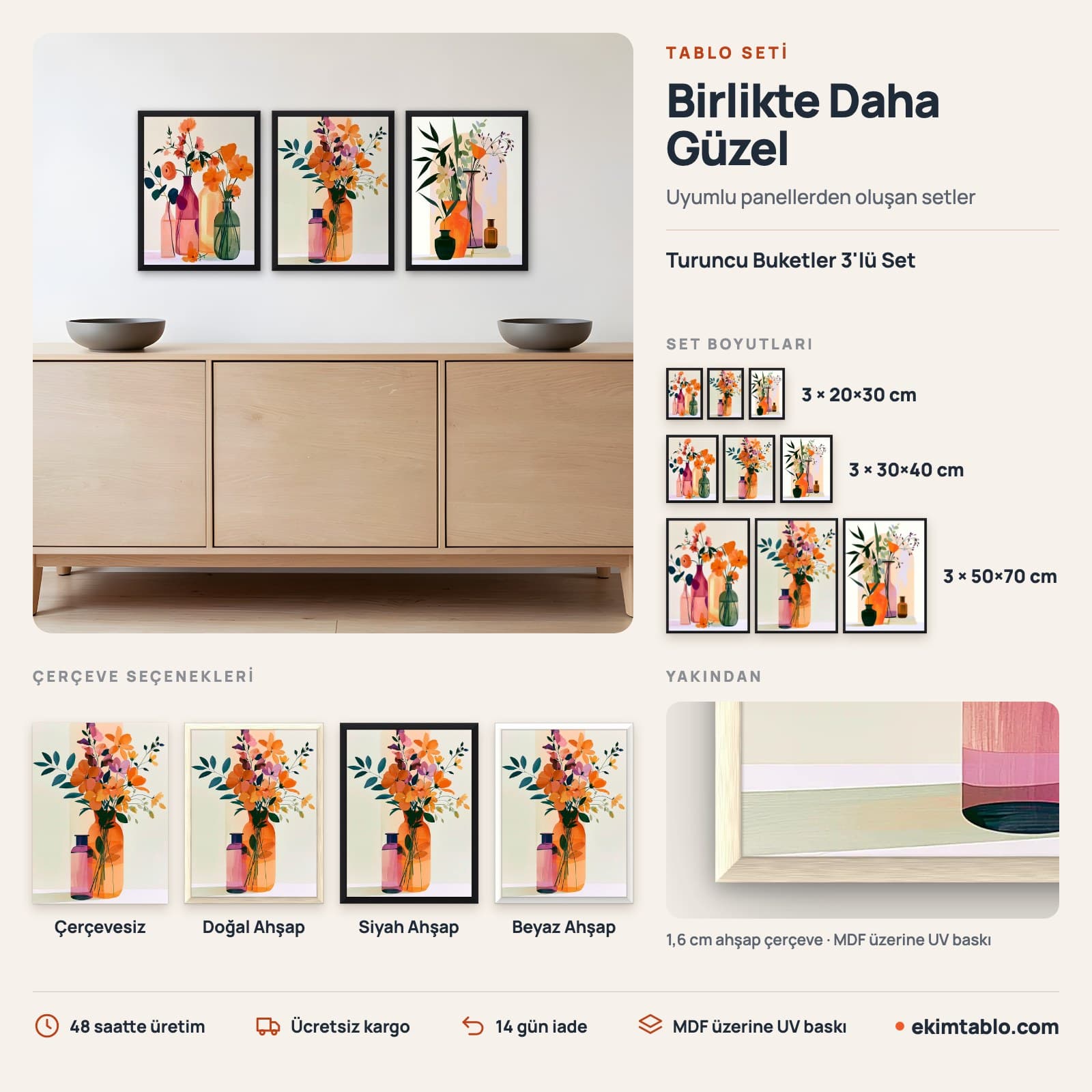 Turuncu Buketler 3'lü Set — boyut ve çerçeve seçenekleri