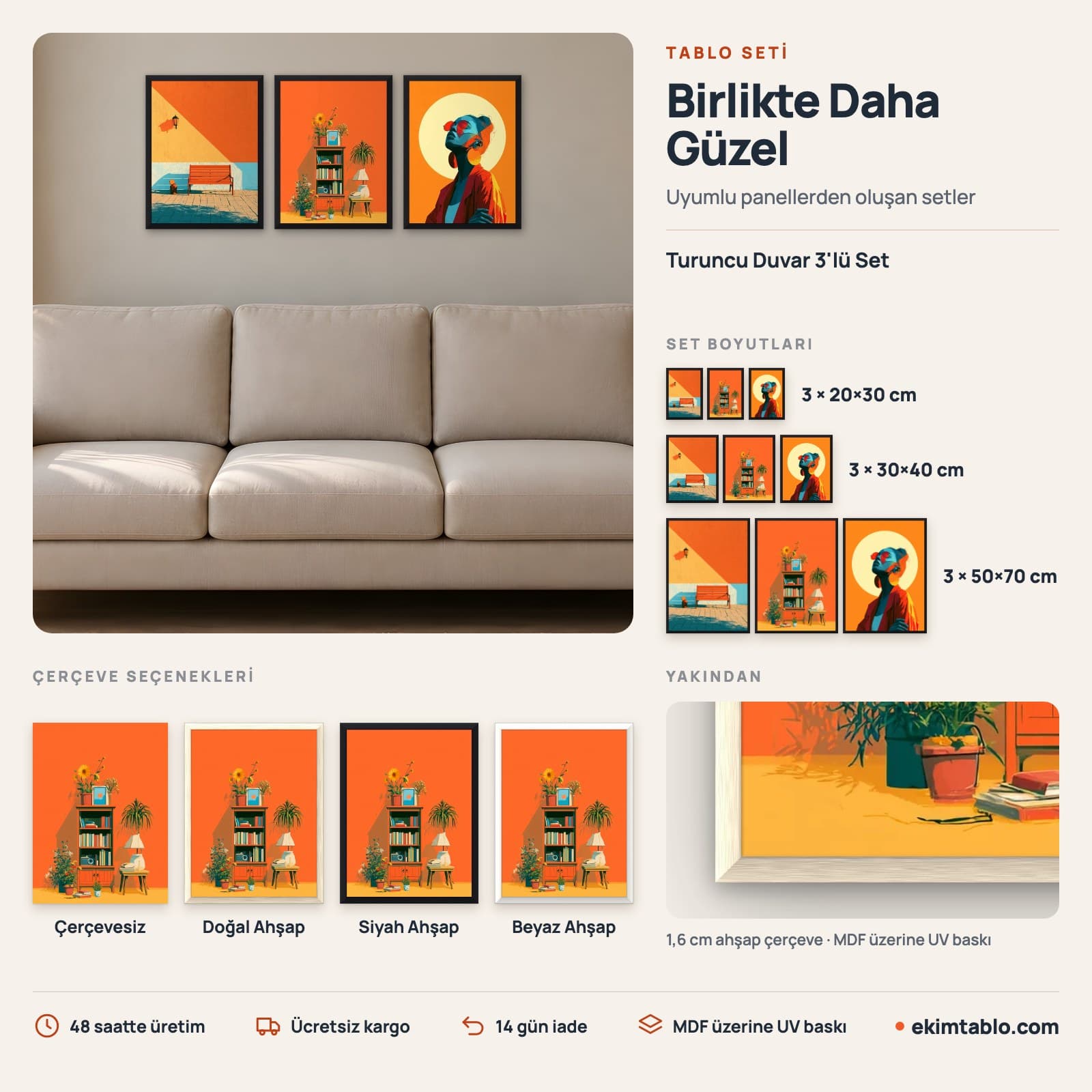 Turuncu Duvar 3'lü Set — boyut ve çerçeve seçenekleri