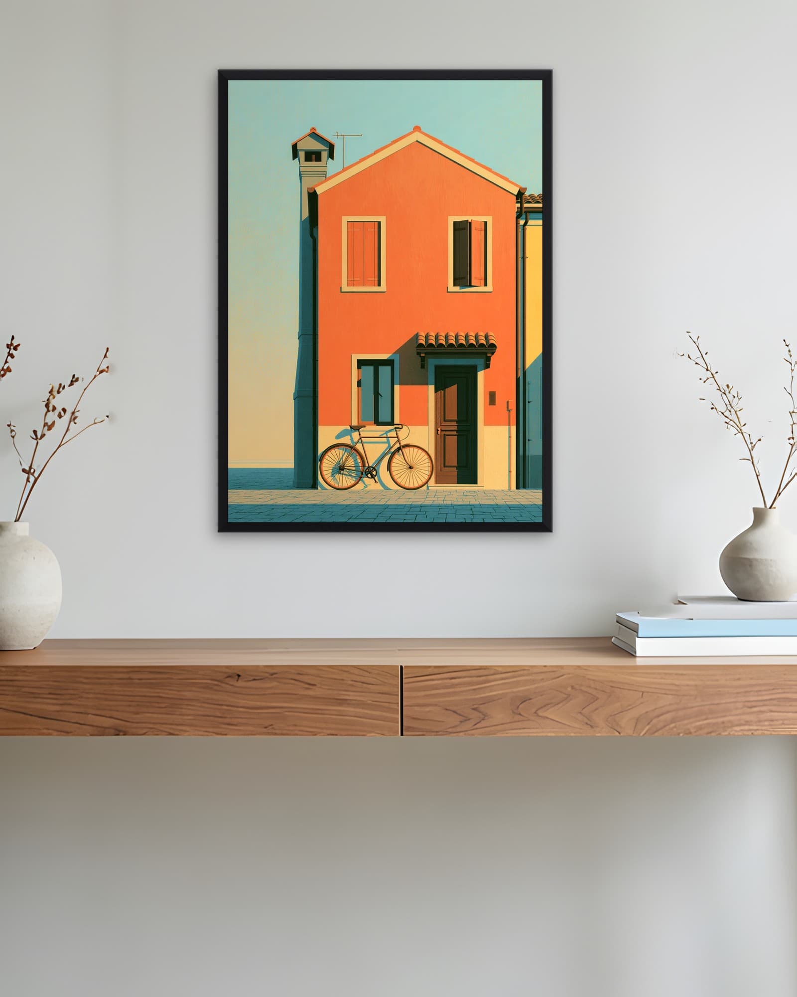 Turuncu Ev ve Bisiklet — Minimalist Duvar Tablosu, duvarda oda görünümü