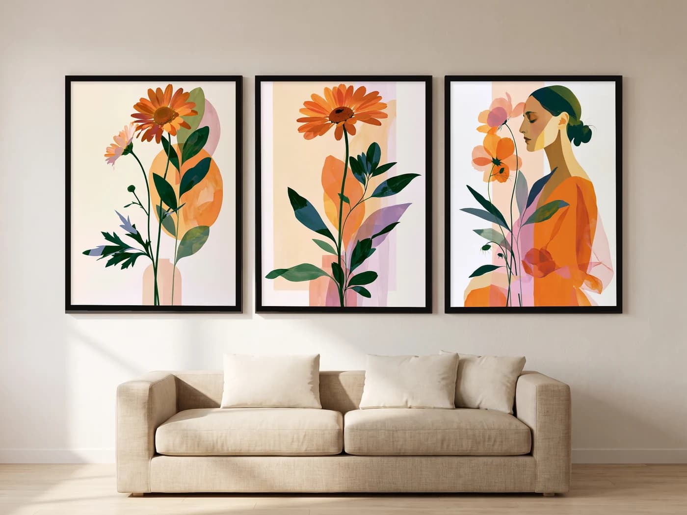 Turuncu Gerbera 3'lü Set — Tablo Seti, duvarda oda görünümü