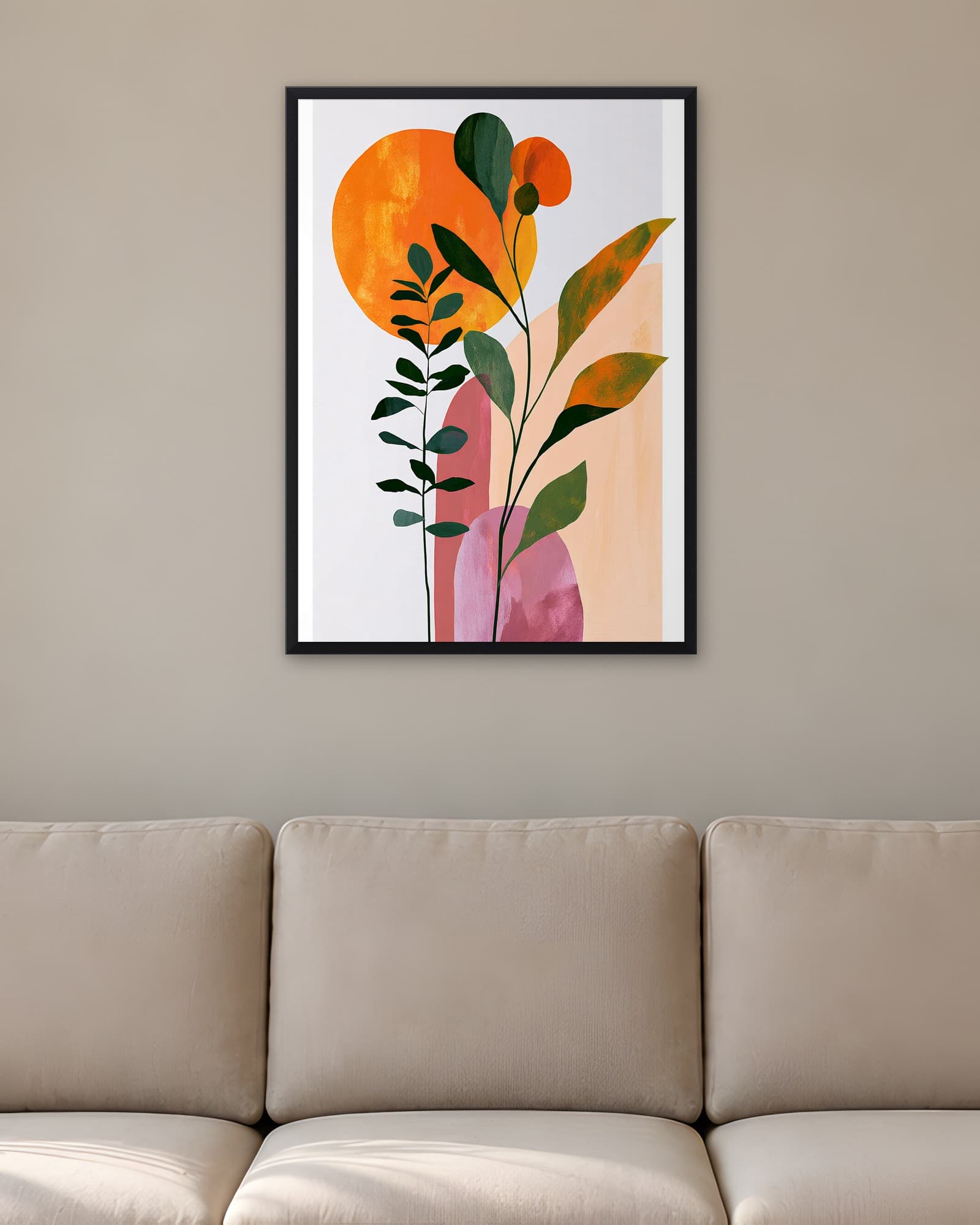Turuncu Güneş ve Yapraklar — Minimalist Duvar Tablosu, duvarda oda görünümü