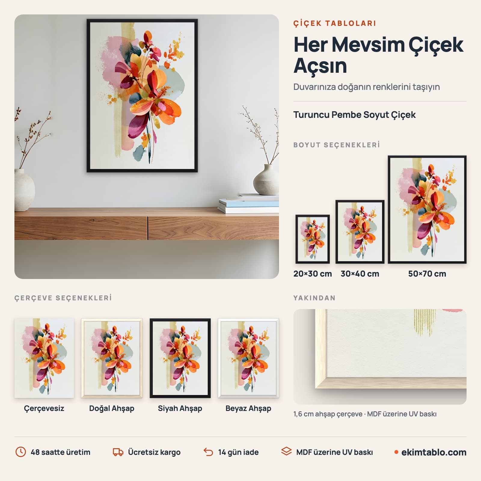 Turuncu Pembe Soyut Çiçek — boyut ve çerçeve seçenekleri