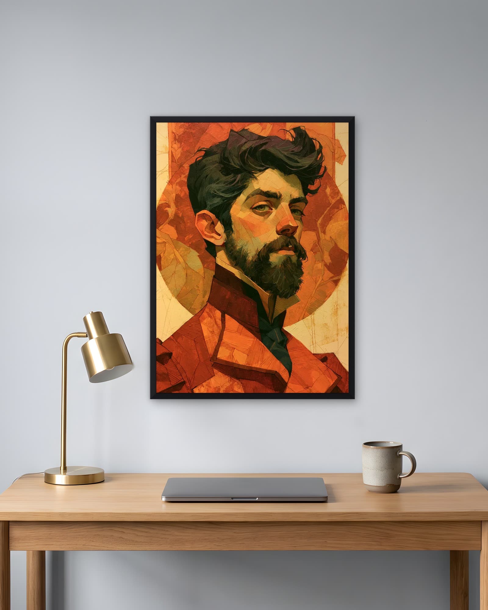 Turuncu Tonlarda Sakallı Adam — Modern Sanat Duvar Tablosu, duvarda oda görünümü