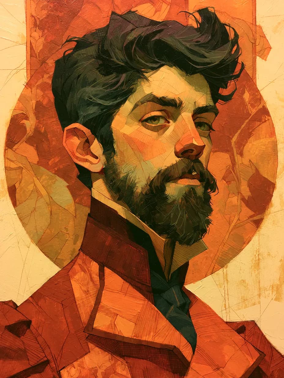 Turuncu Tonlarda Sakallı Adam — modern sanat temalı UV baskı tablo