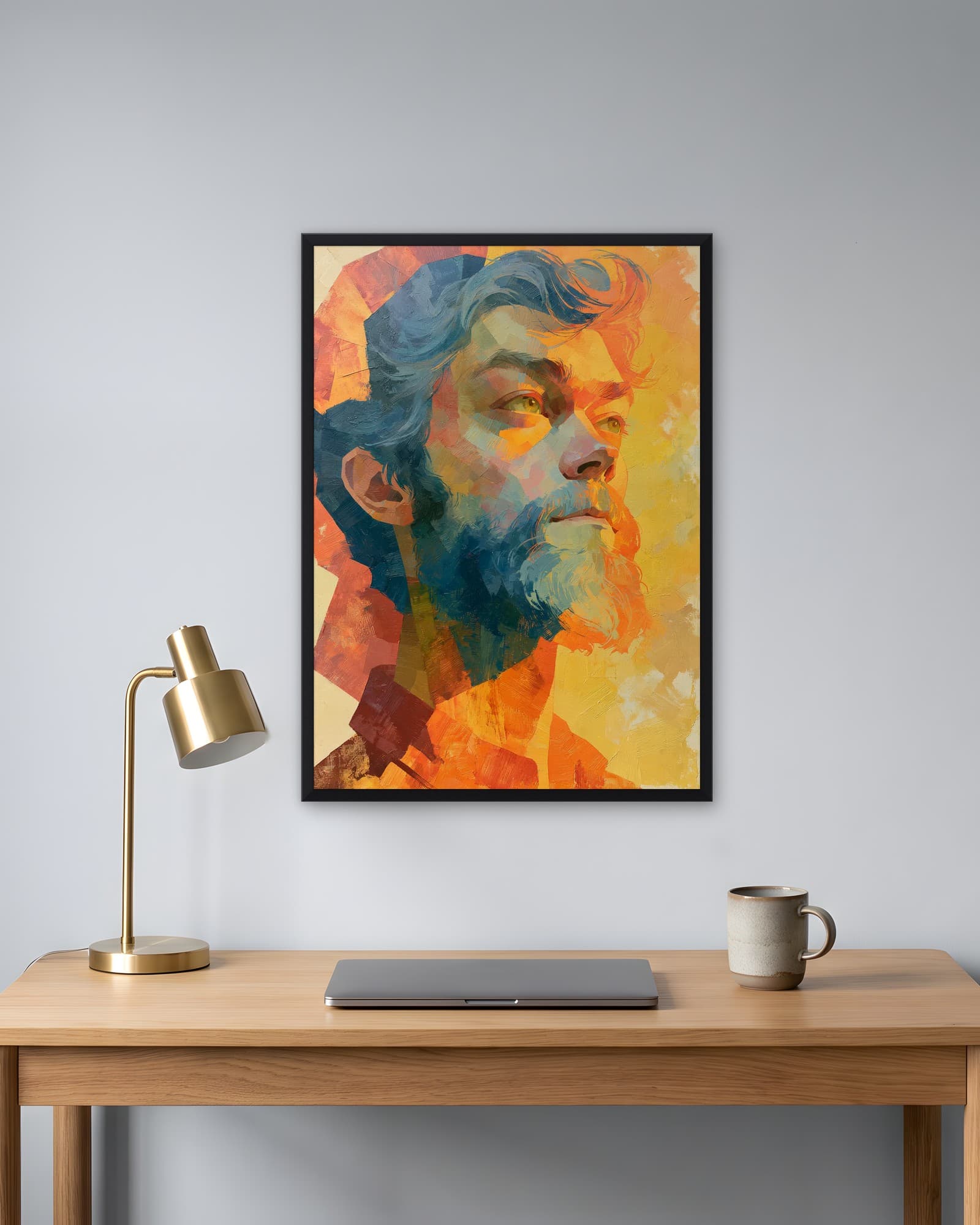 Turuncu ve Mavi Erkek Portresi — Modern Sanat Duvar Tablosu, duvarda oda görünümü