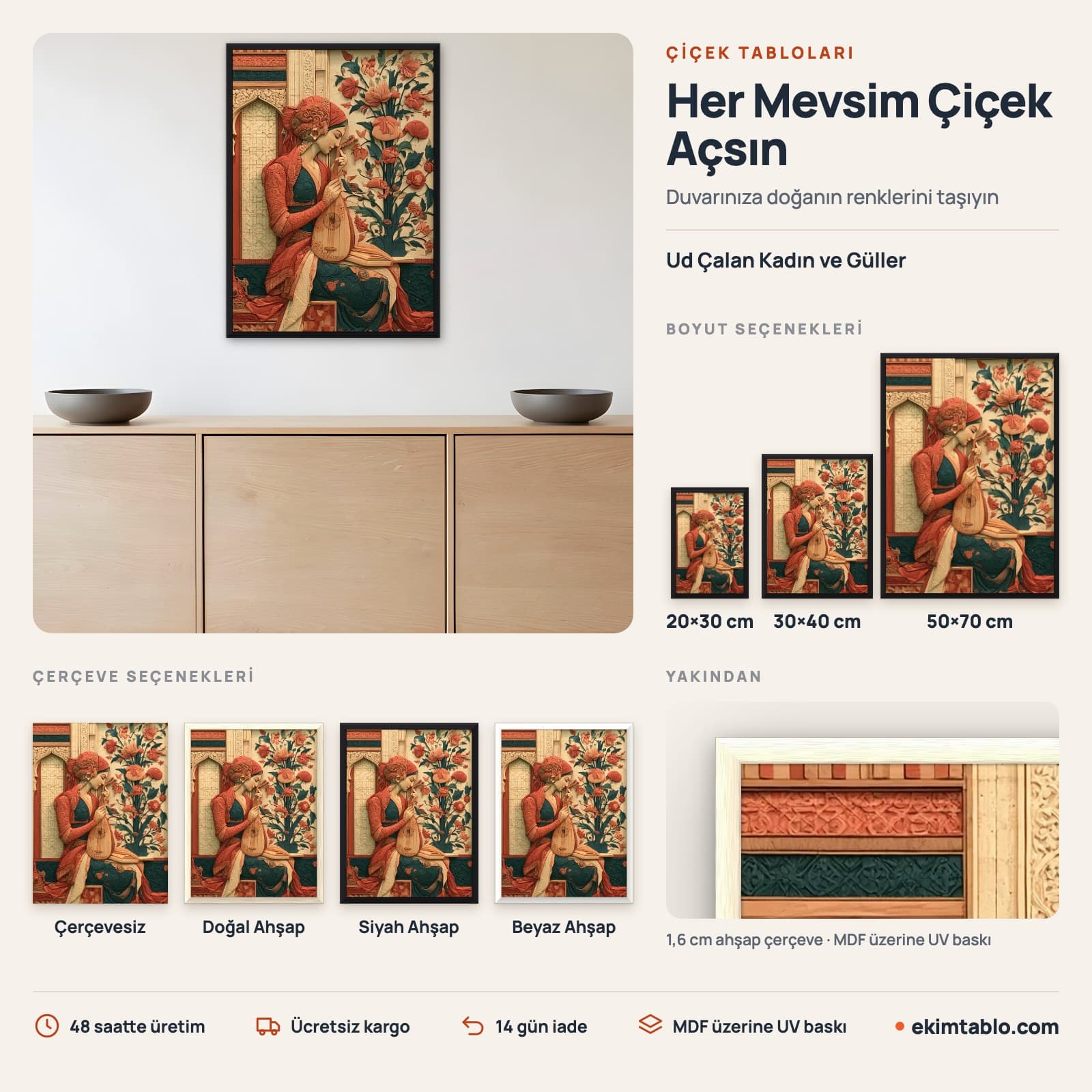 Ud Çalan Kadın ve Güller — boyut ve çerçeve seçenekleri