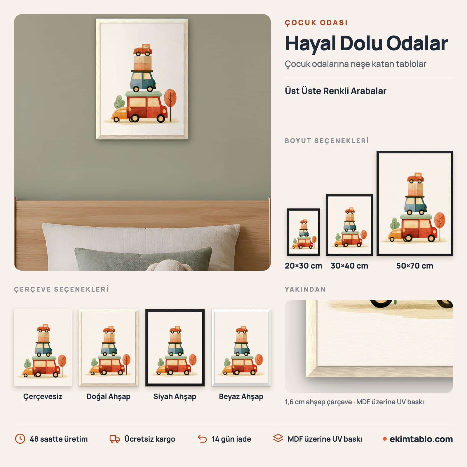 Üst Üste Renkli Arabalar — boyut ve çerçeve seçenekleri