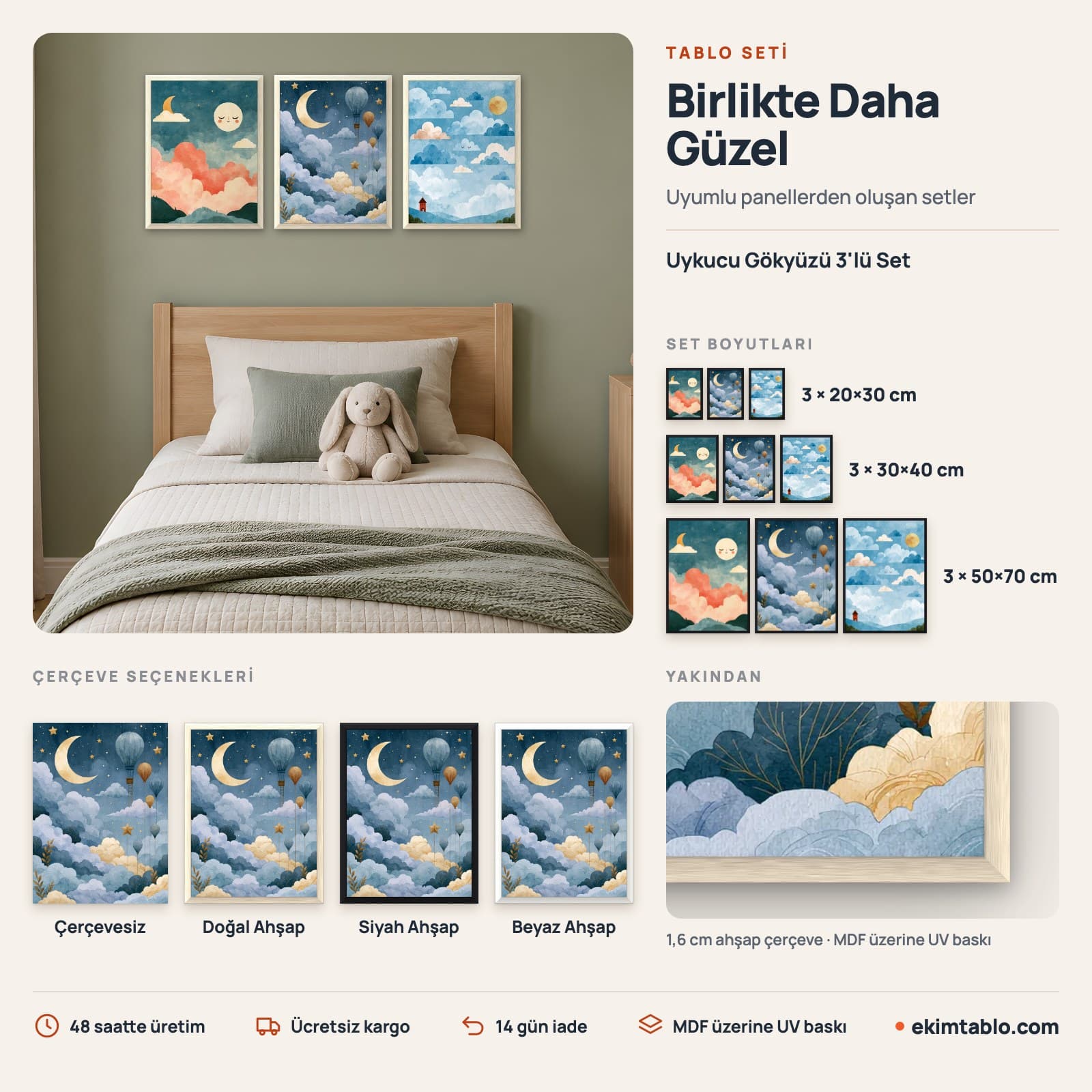 Uykucu Gökyüzü 3'lü Set — boyut ve çerçeve seçenekleri