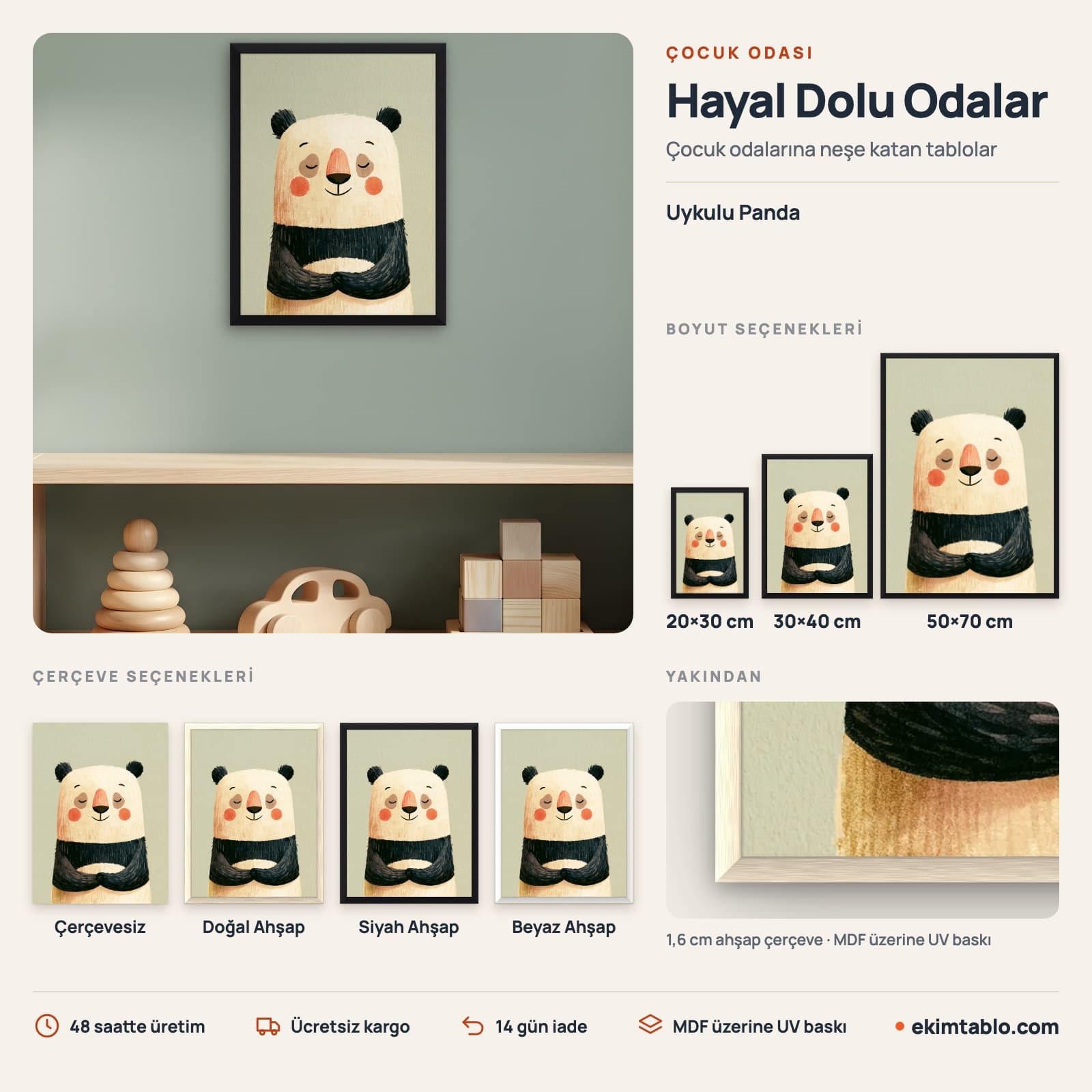 Uykulu Panda — boyut ve çerçeve seçenekleri