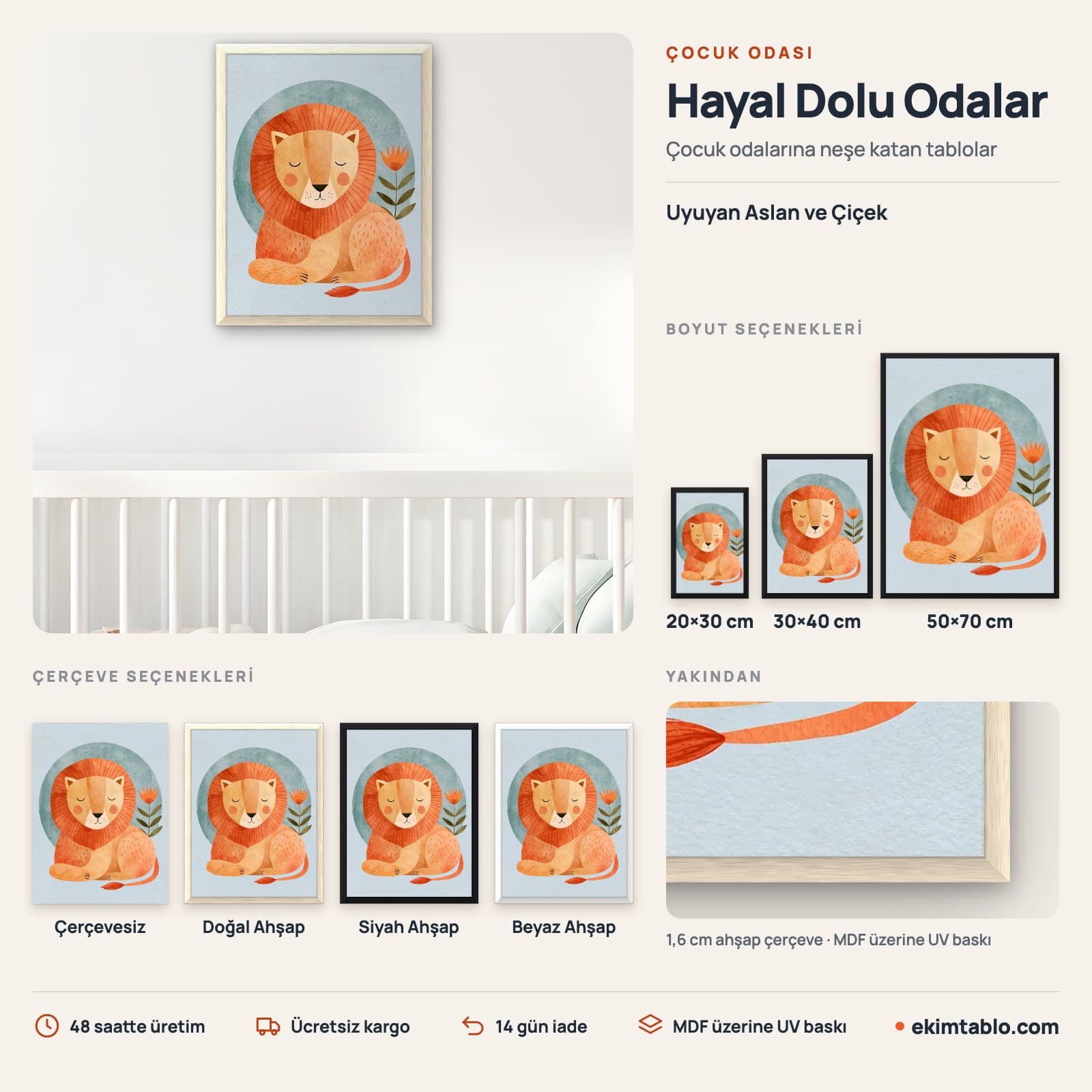 Uyuyan Aslan ve Çiçek — boyut ve çerçeve seçenekleri