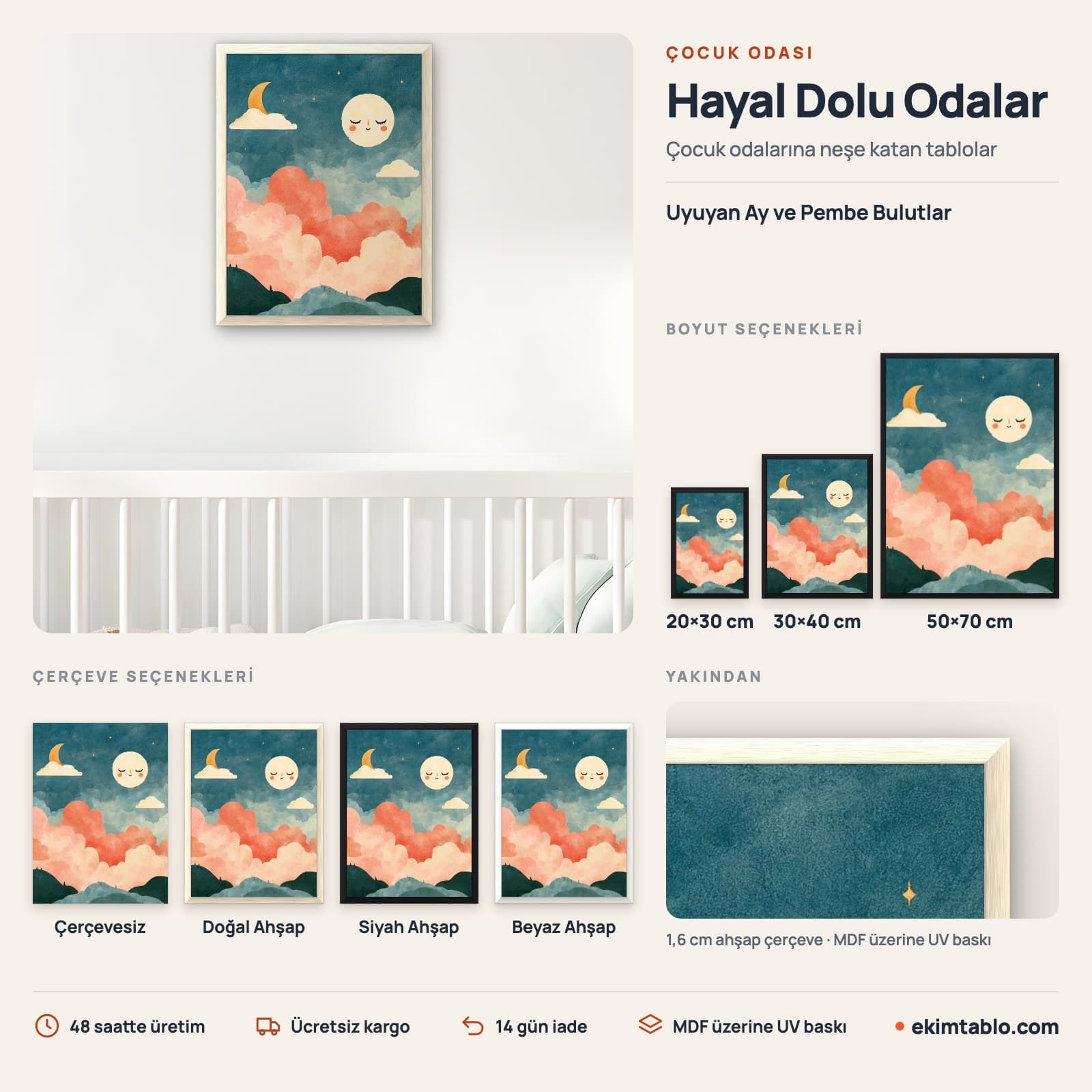 Uyuyan Ay ve Pembe Bulutlar — boyut ve çerçeve seçenekleri