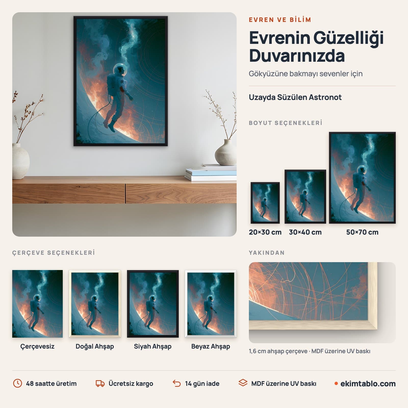 Uzayda Süzülen Astronot — boyut ve çerçeve seçenekleri