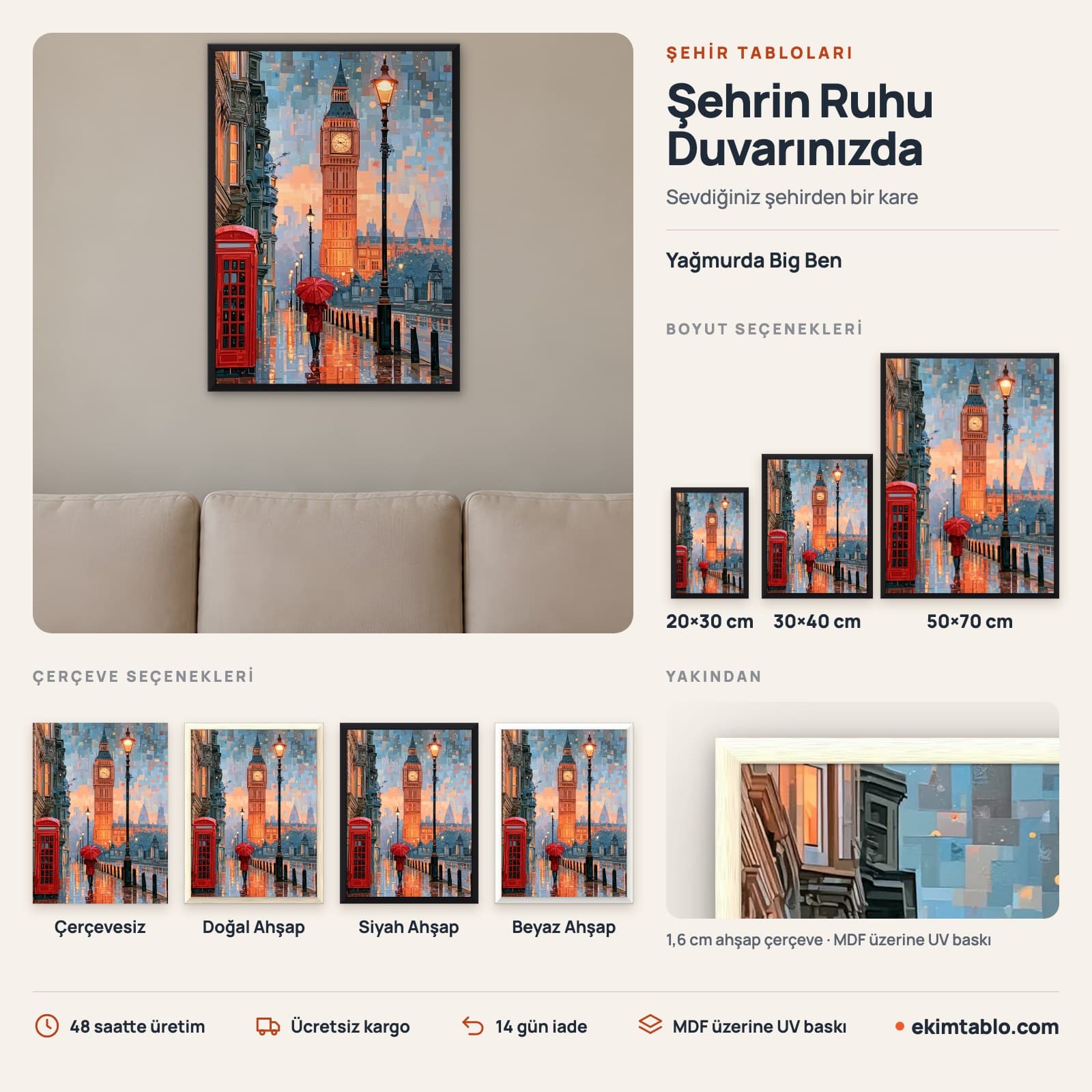 Yağmurda Big Ben — boyut ve çerçeve seçenekleri