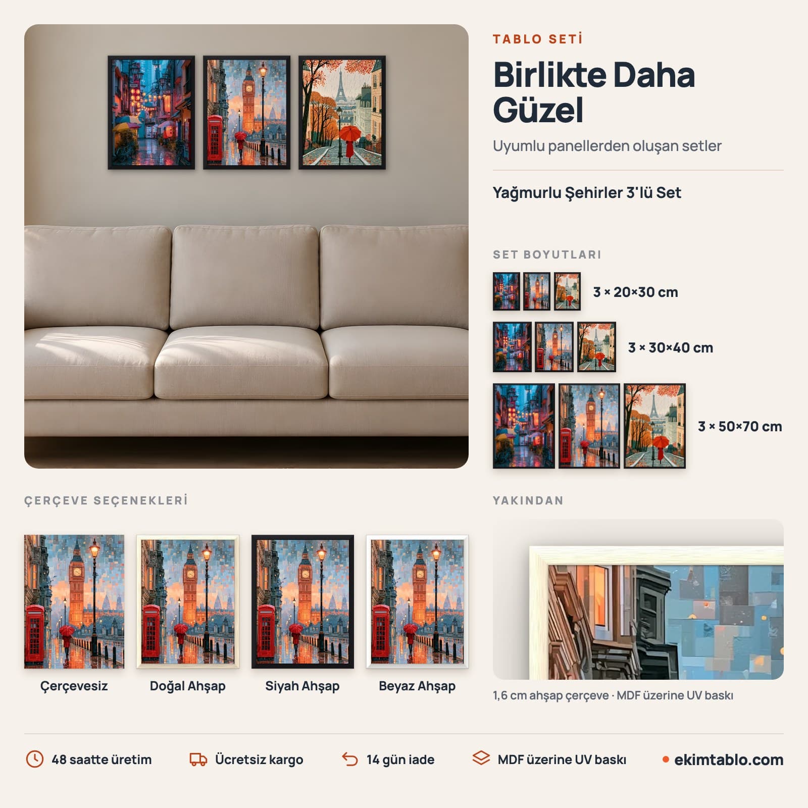 Yağmurlu Şehirler 3'lü Set — boyut ve çerçeve seçenekleri