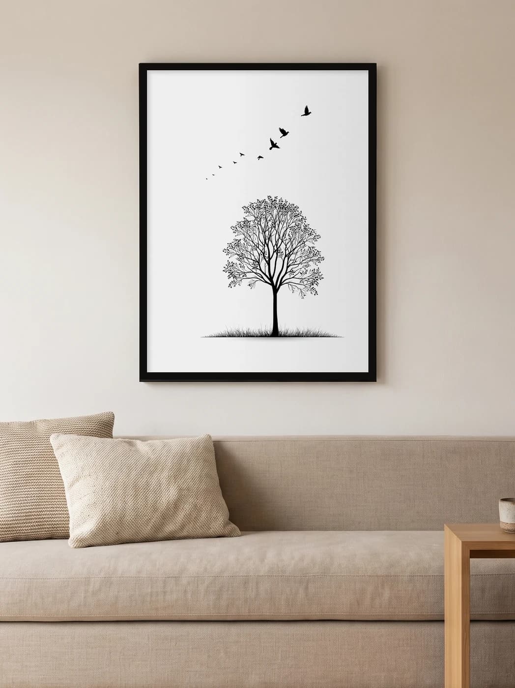 Yalnız Ağaç ve Uçan Kuşlar — Minimalist Duvar Tablosu, duvarda oda görünümü