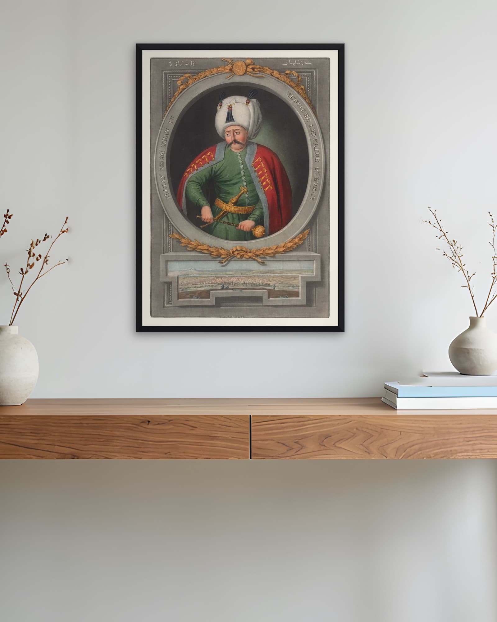 Yavuz Sultan Selim Gravür Portresi — Osmanlı Padişahı Tablosu, duvarda oda görünümü