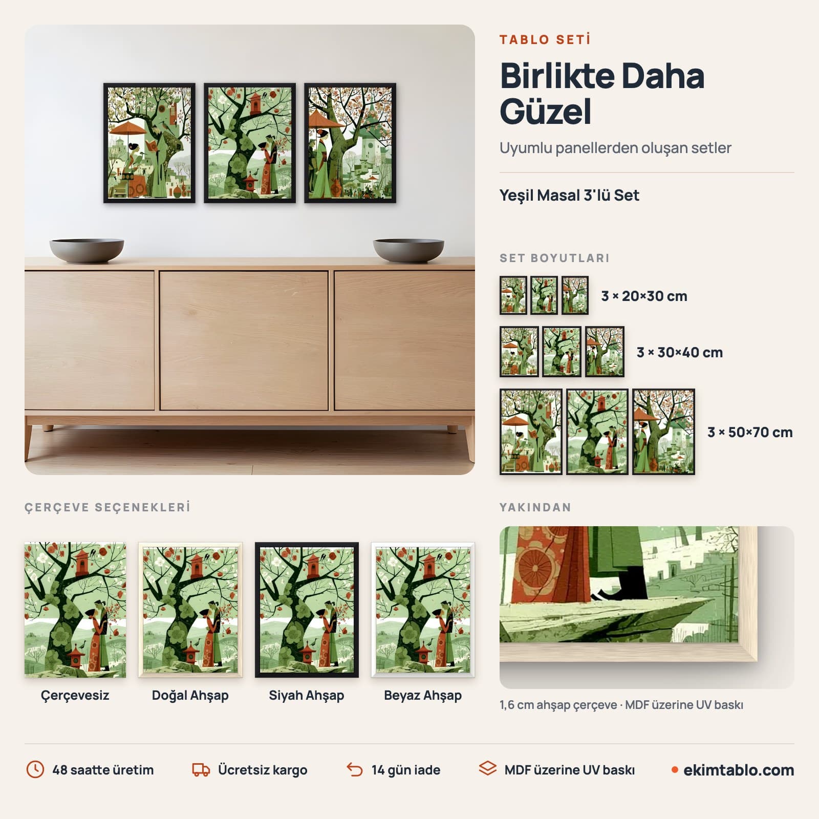 Yeşil Masal 3'lü Set — boyut ve çerçeve seçenekleri