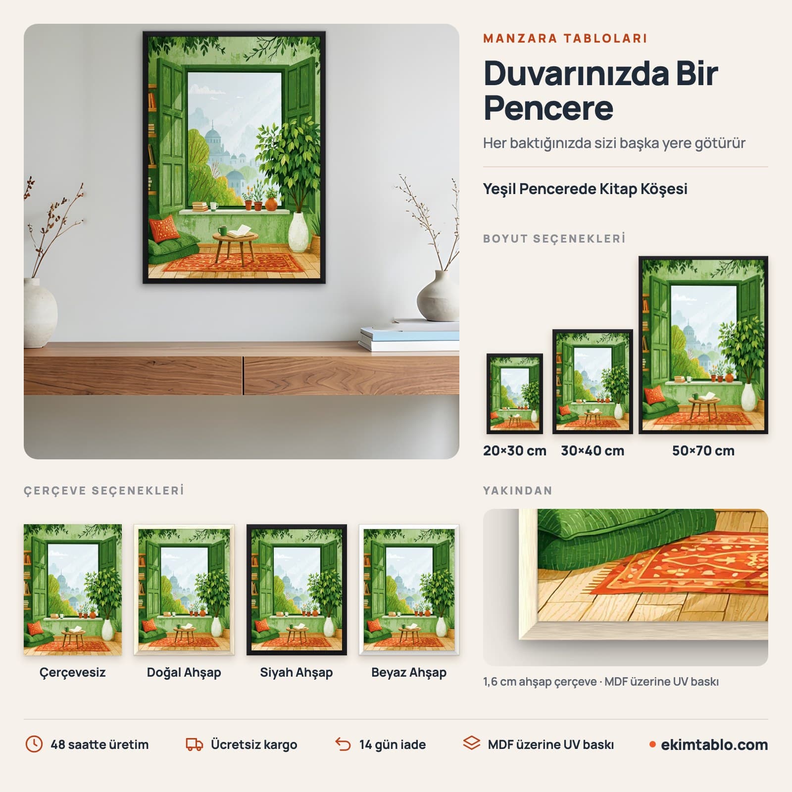 Yeşil Pencerede Kitap Köşesi — boyut ve çerçeve seçenekleri