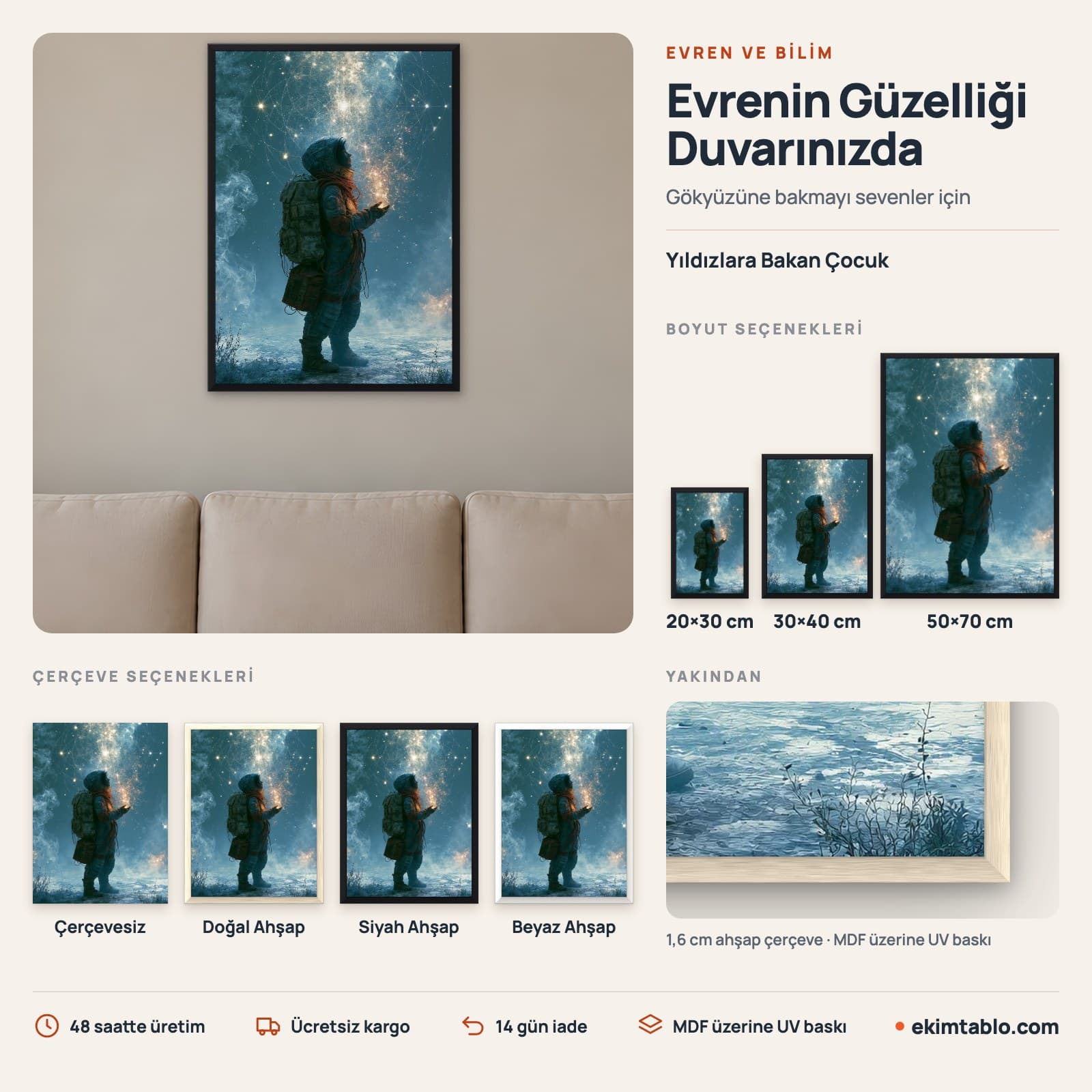 Yıldızlara Bakan Çocuk — boyut ve çerçeve seçenekleri
