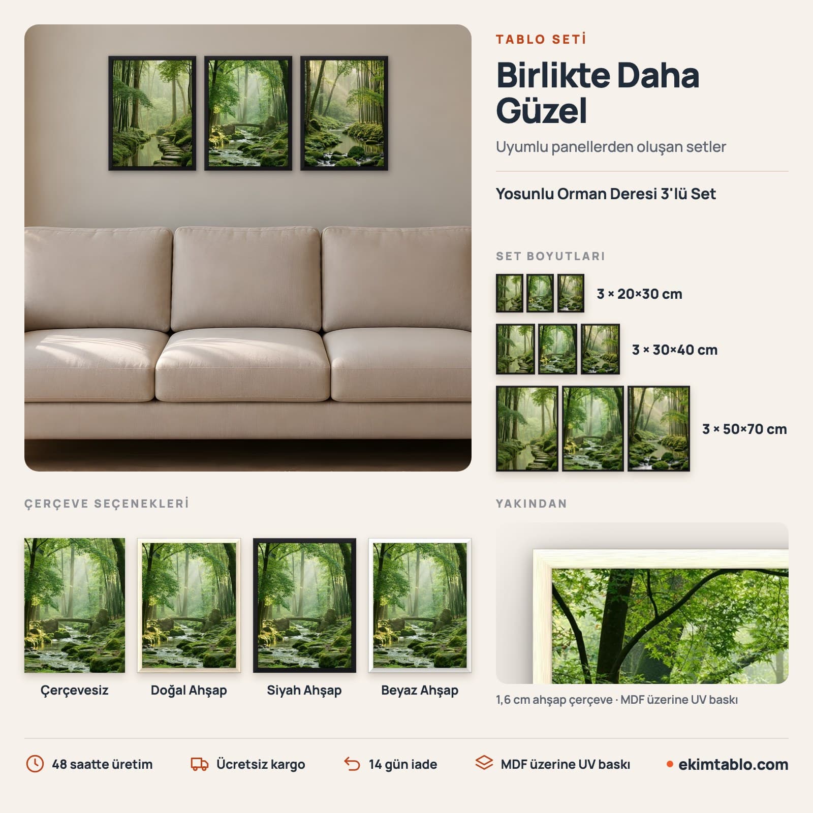 Yosunlu Orman Deresi 3'lü Set — boyut ve çerçeve seçenekleri