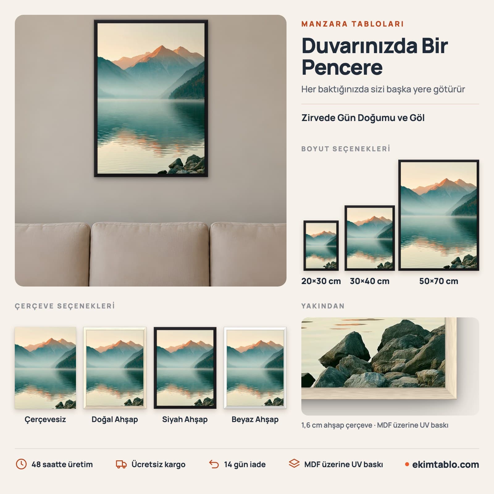 Zirvede Gün Doğumu ve Göl — boyut ve çerçeve seçenekleri