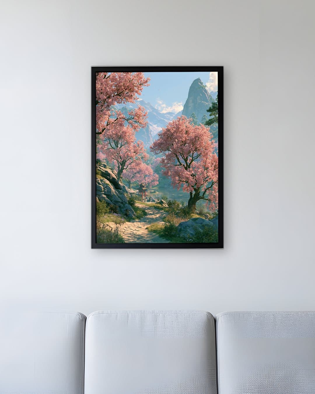 Sakura Ağaçlı Dağ Yolu tablosu bekleme salonu duvarında: 50 × 70 cm, siyah ahşap çerçeve