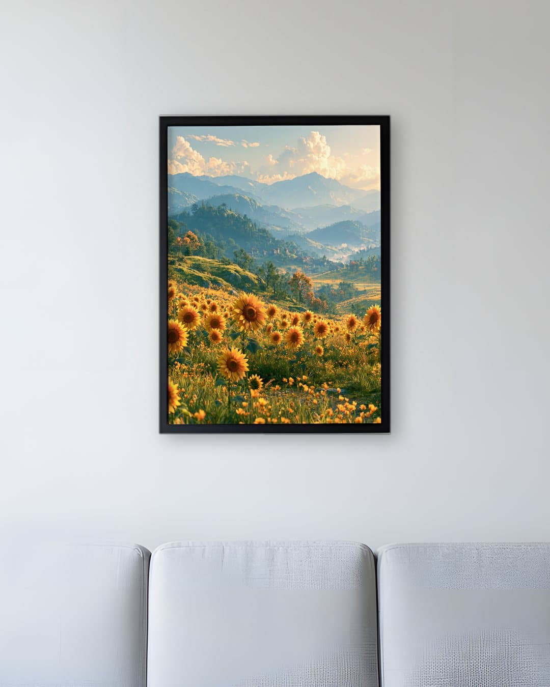 Vadi Manzaralı Ayçiçeği Tepesi tablosu bekleme salonu duvarında: 50 × 70 cm, siyah ahşap çerçeve