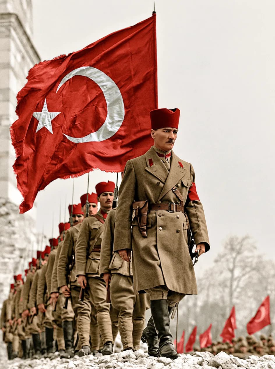 Bayrakla Yürüyen Askerler ve Atatürk — atatürk temalı UV baskı tablo