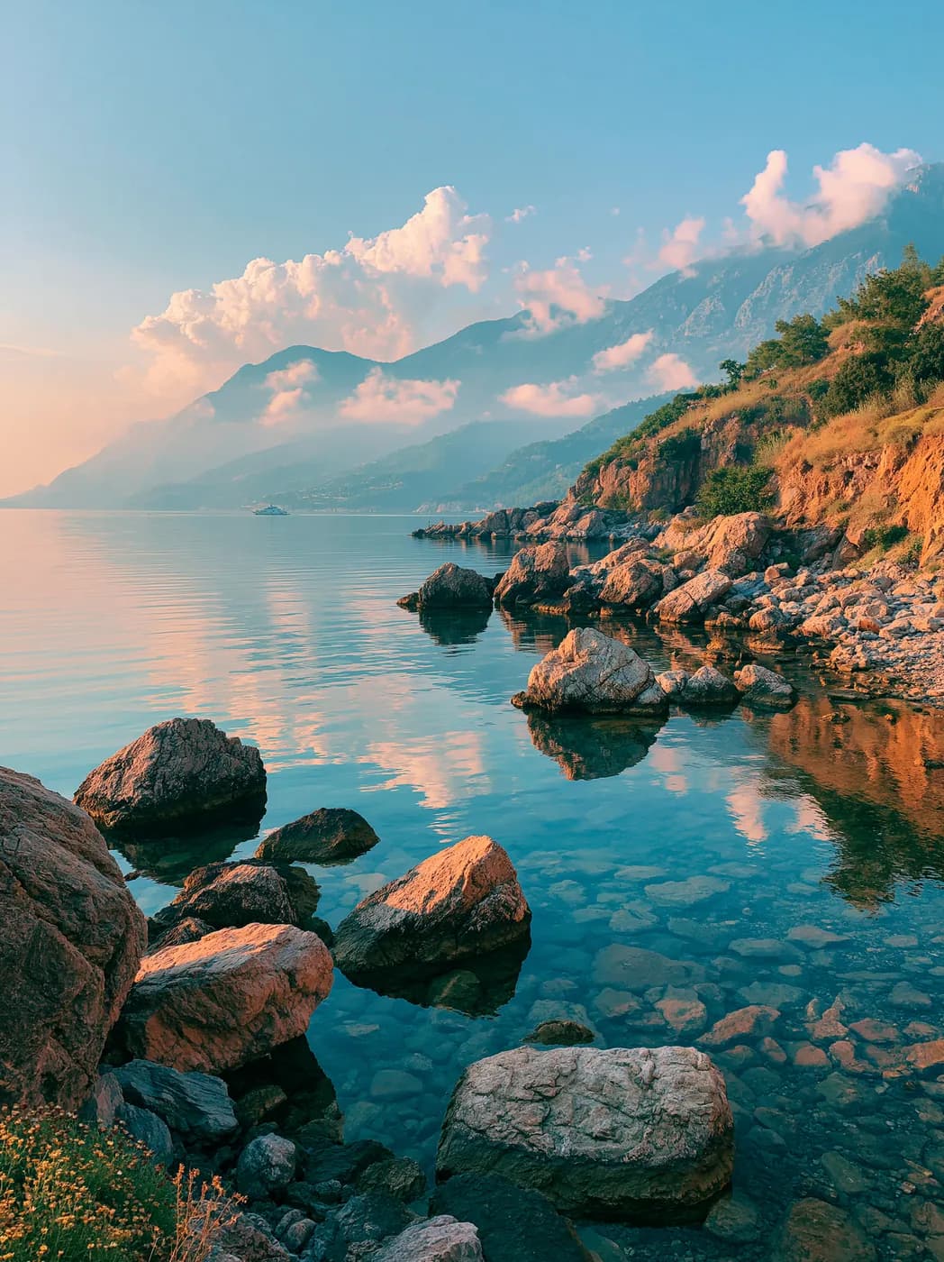 Bulutlu Dağlar ve Sakin Deniz — deniz temalı UV baskı tablo