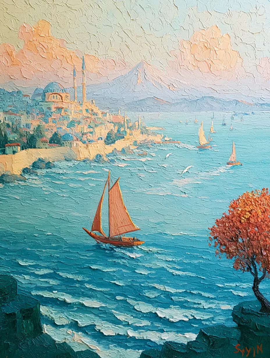Camili Sahil ve Yelkenliler — deniz temalı UV baskı tablo