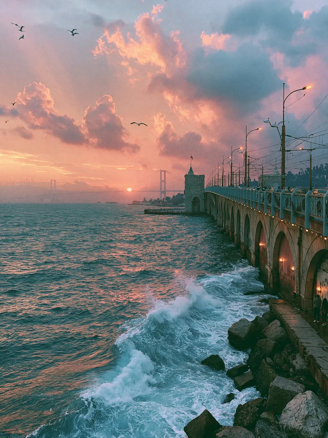Dalgalı Sahil Yolu ve Martılar — deniz temalı UV baskı tablo