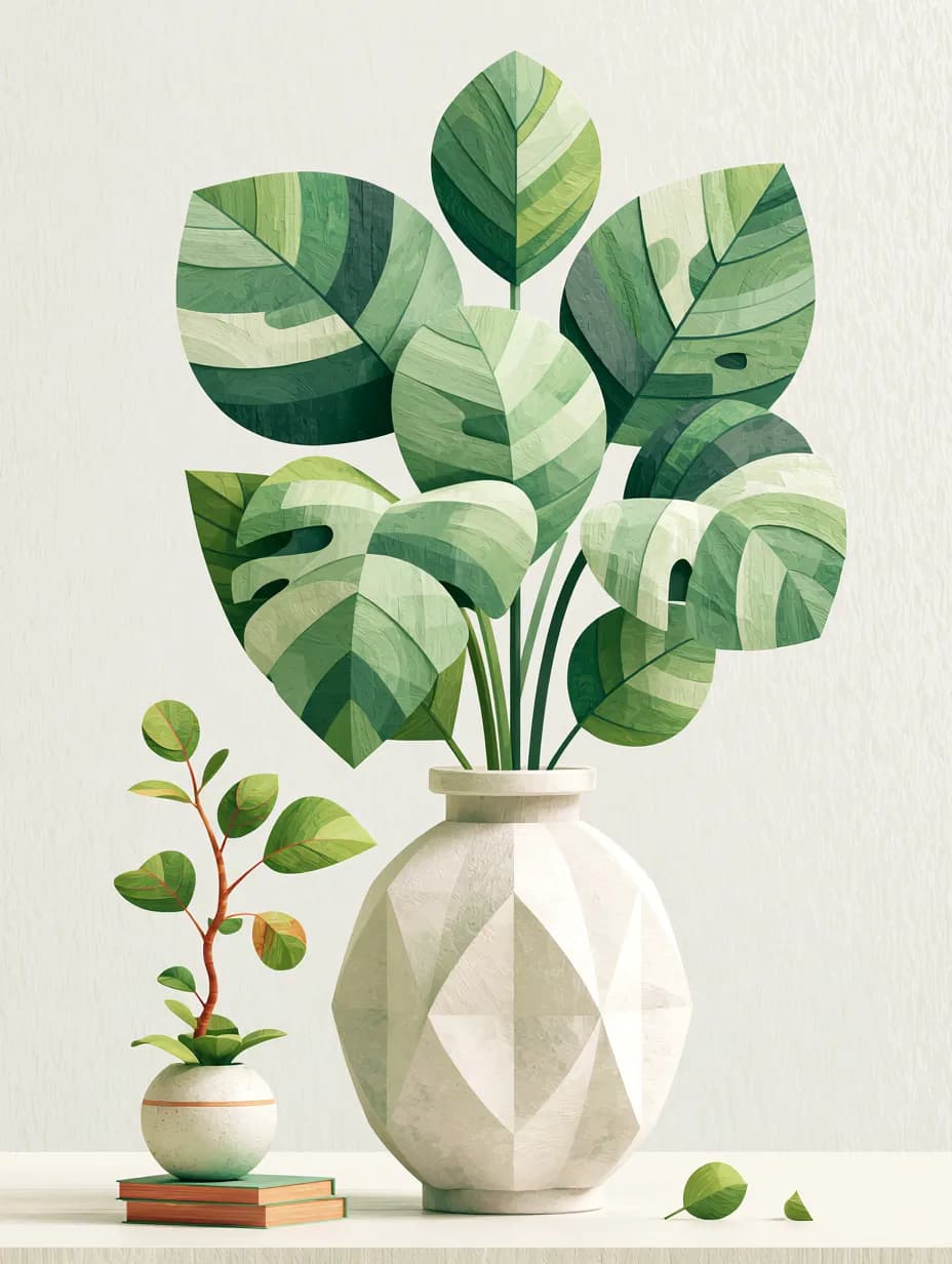Geometrik Vazoda Monstera — soyut çiçek temalı UV baskı tablo
