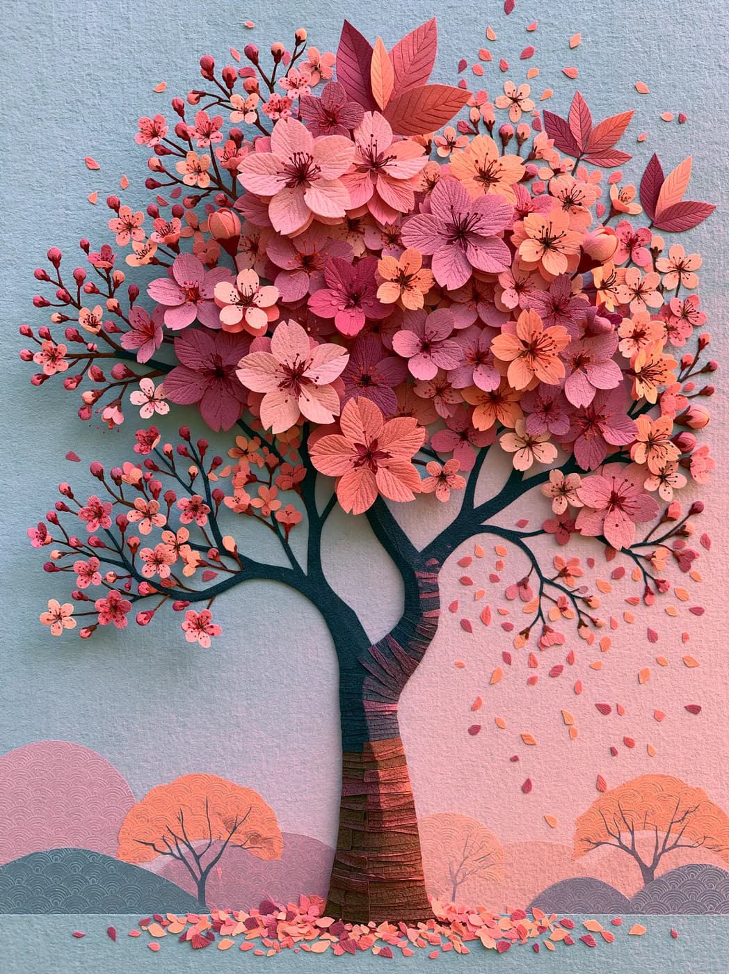 Kabartma Görünümlü Sakura Ağacı — çiçekler temalı UV baskı tablo